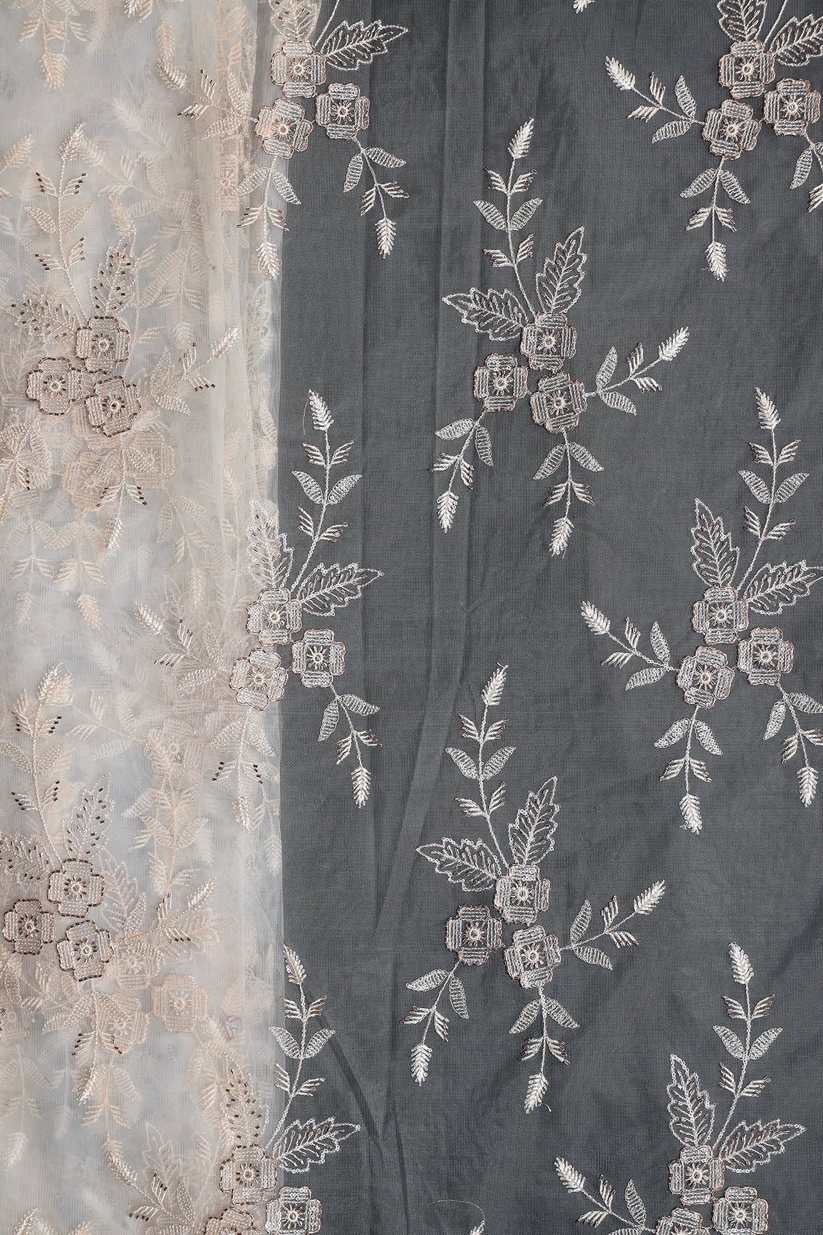 Cream Thread & Beads With Water Sequins Floral Embroidery Work On Cream Soft Net Fabric