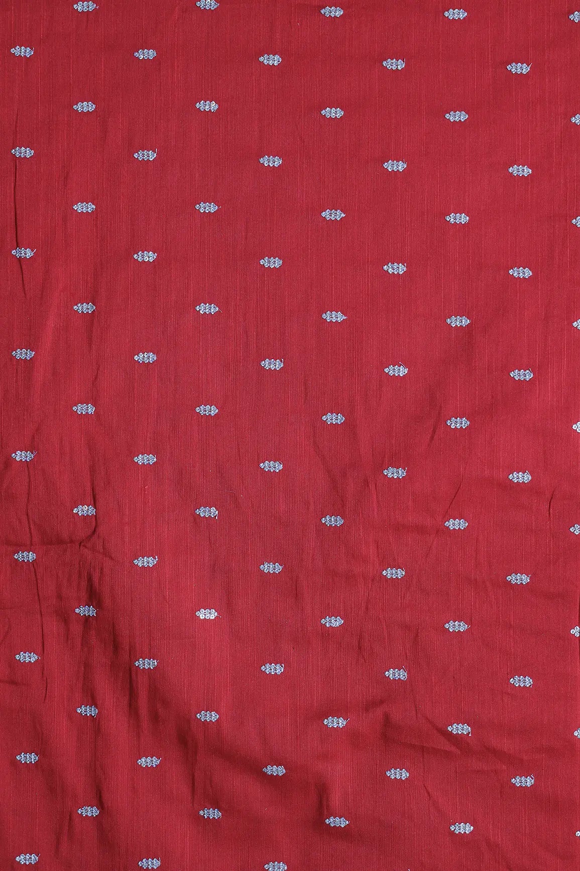 Silver Sequins With Gold Zari Small Motif Embroidery Work On Red Raw Silk Fabric