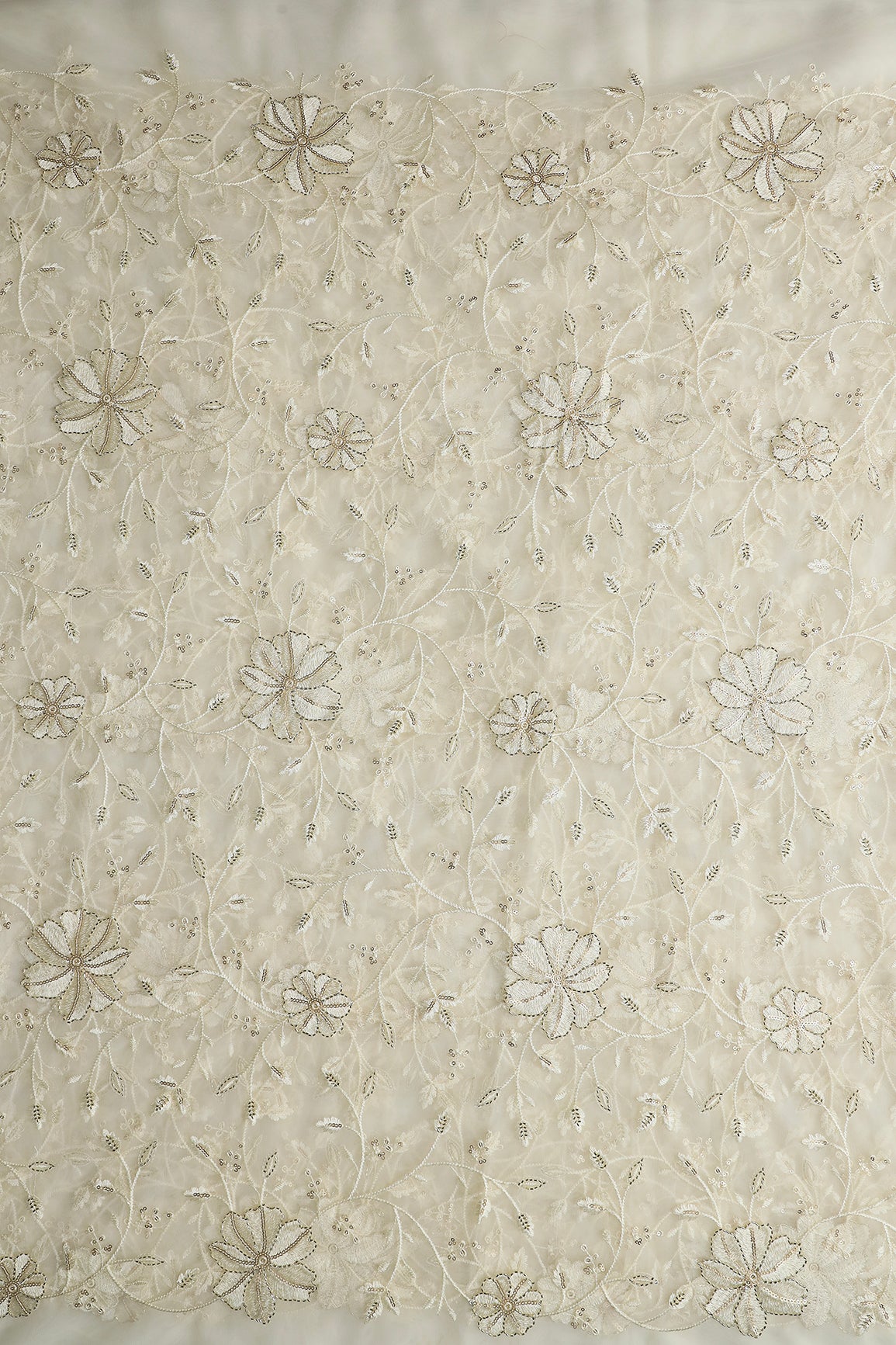 Cream Thread & Beads With Gold Sequins Floral Leafy Embroidery Work On Cream Soft Net Fabric