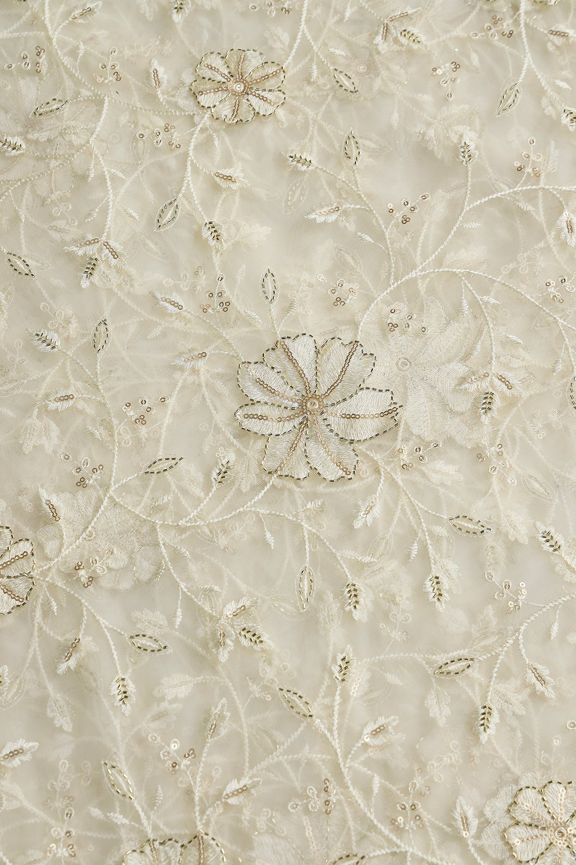 Cream Thread & Beads With Gold Sequins Floral Leafy Embroidery Work On Cream Soft Net Fabric