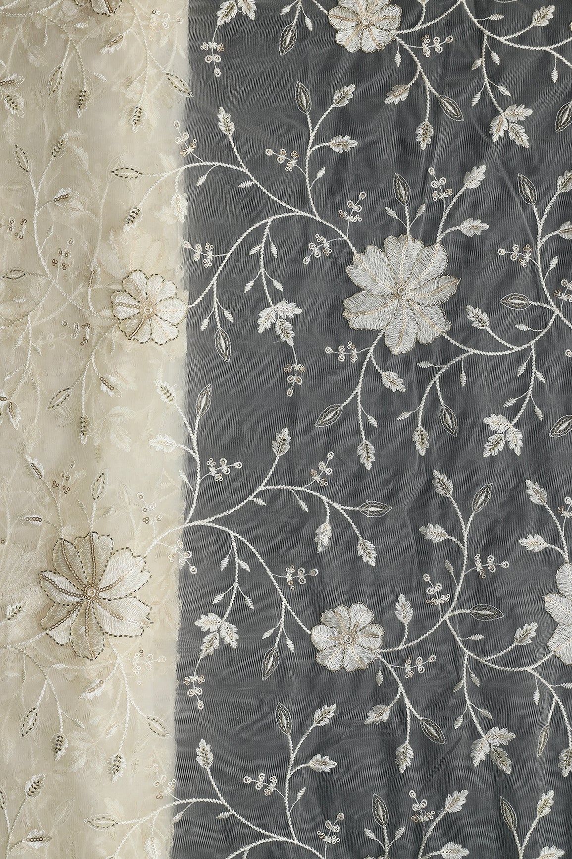 Cream Thread & Beads With Gold Sequins Floral Leafy Embroidery Work On Cream Soft Net Fabric