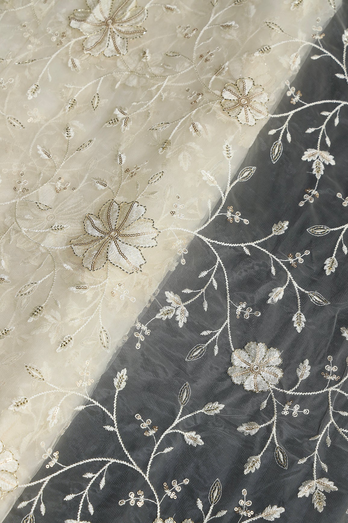 Cream Thread & Beads With Gold Sequins Floral Leafy Embroidery Work On Cream Soft Net Fabric