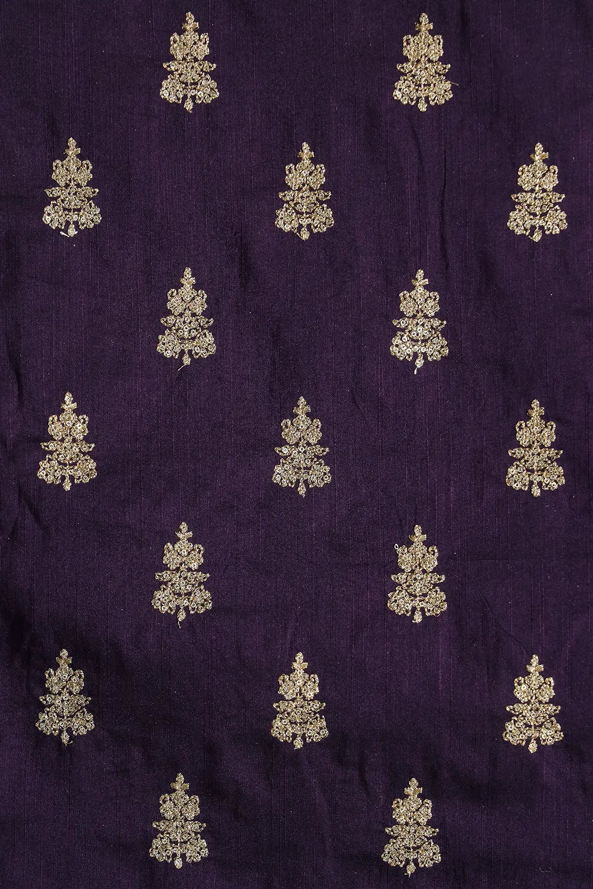 Gold Sequins With Gold Zari Big Motif Embroidery Work On Wine Raw Silk Fabric
