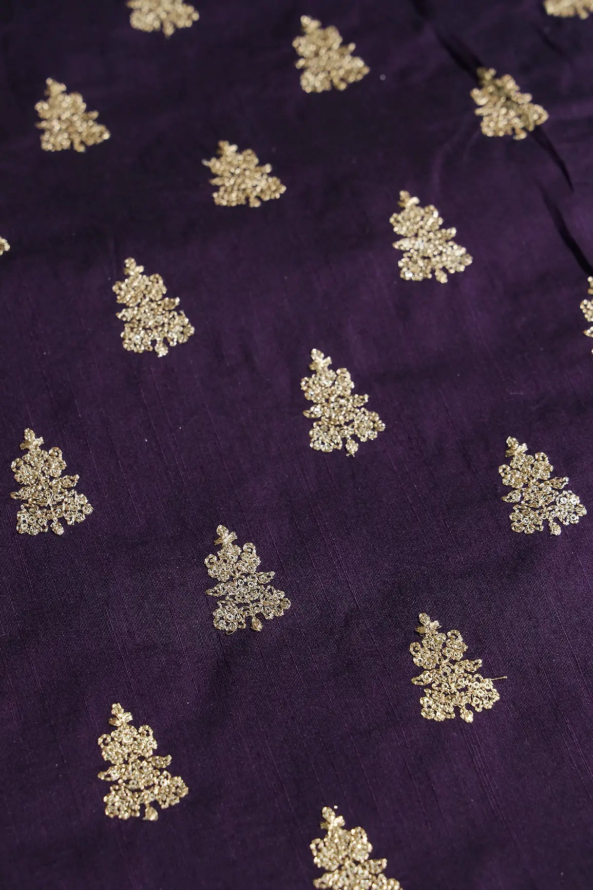 Gold Sequins With Gold Zari Big Motif Embroidery Work On Wine Raw Silk Fabric