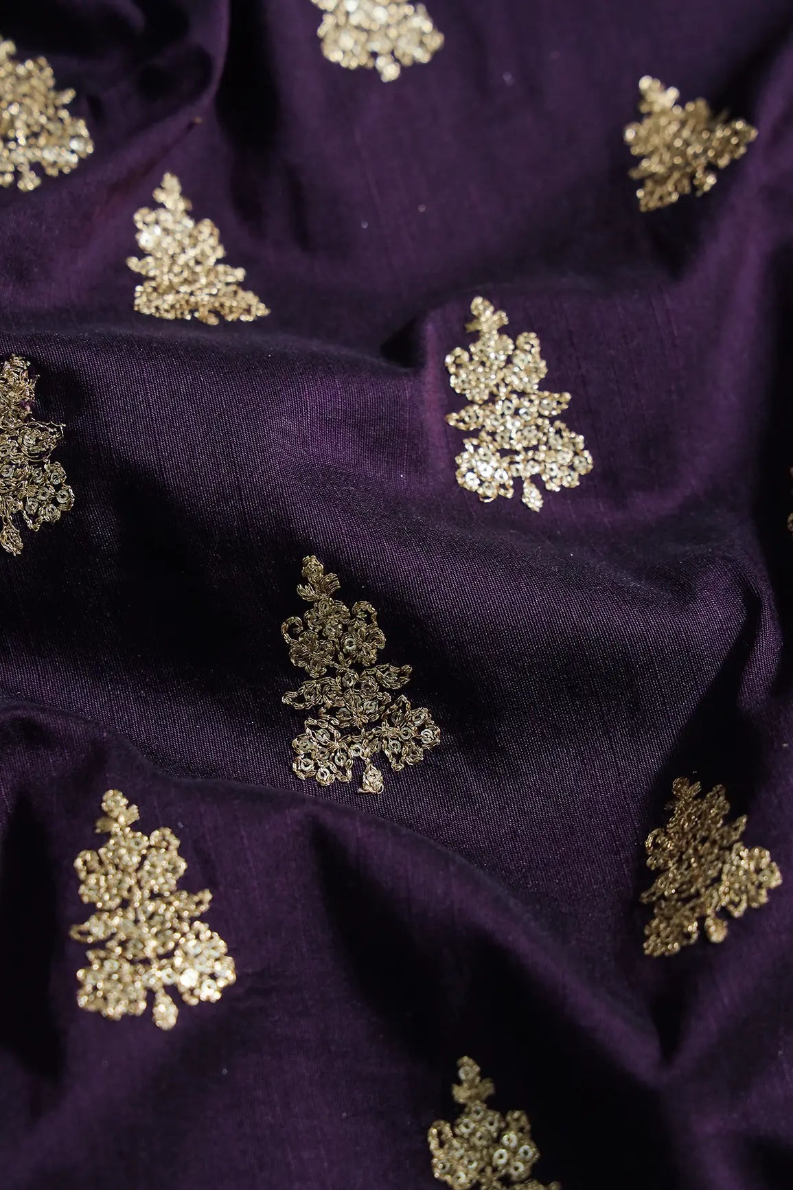 Gold Sequins With Gold Zari Big Motif Embroidery Work On Wine Raw Silk Fabric