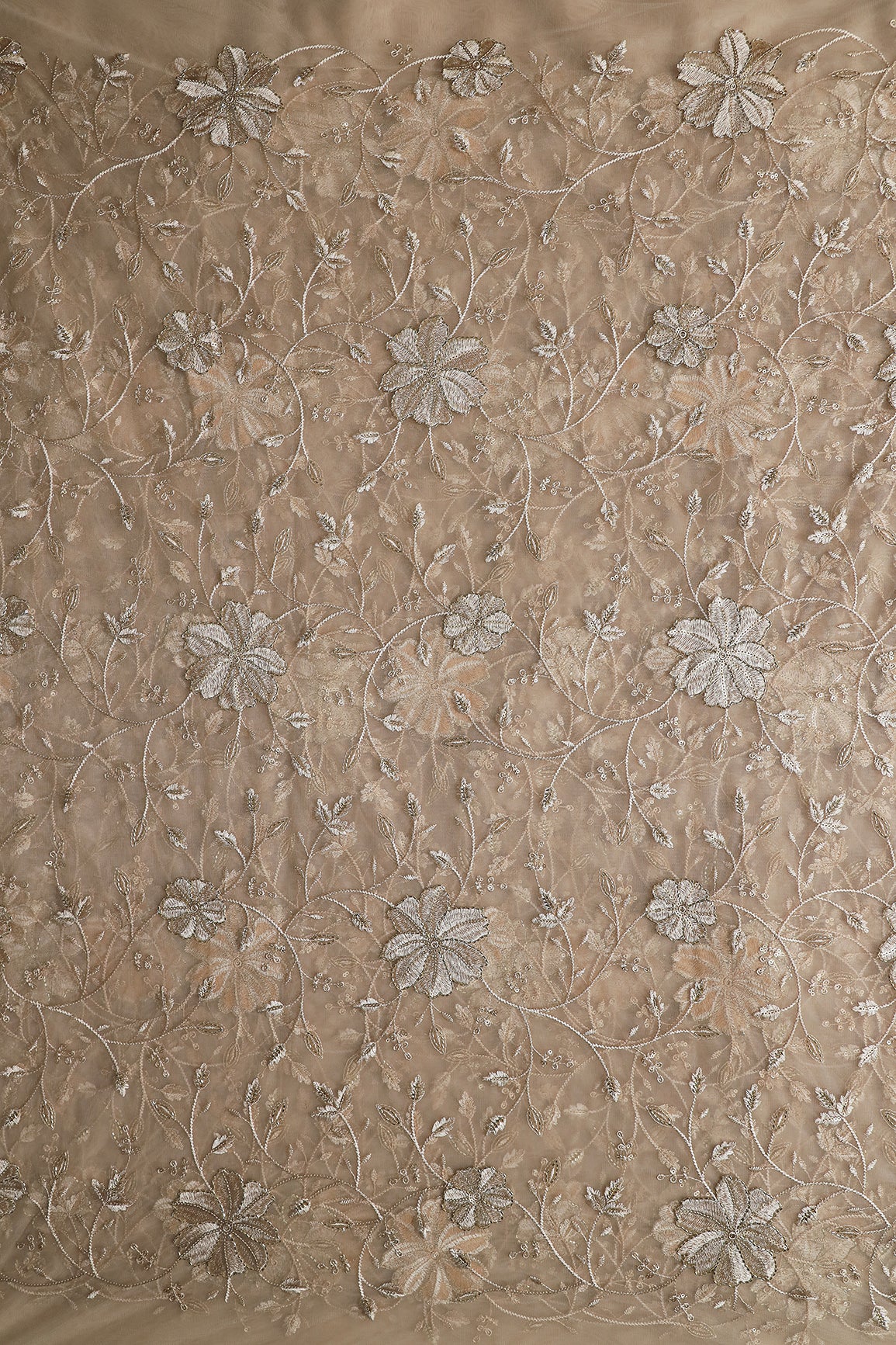 Beige Thread & Beads With Gold Sequins Floral Leafy Embroidery Work On Beige Soft Net Fabric