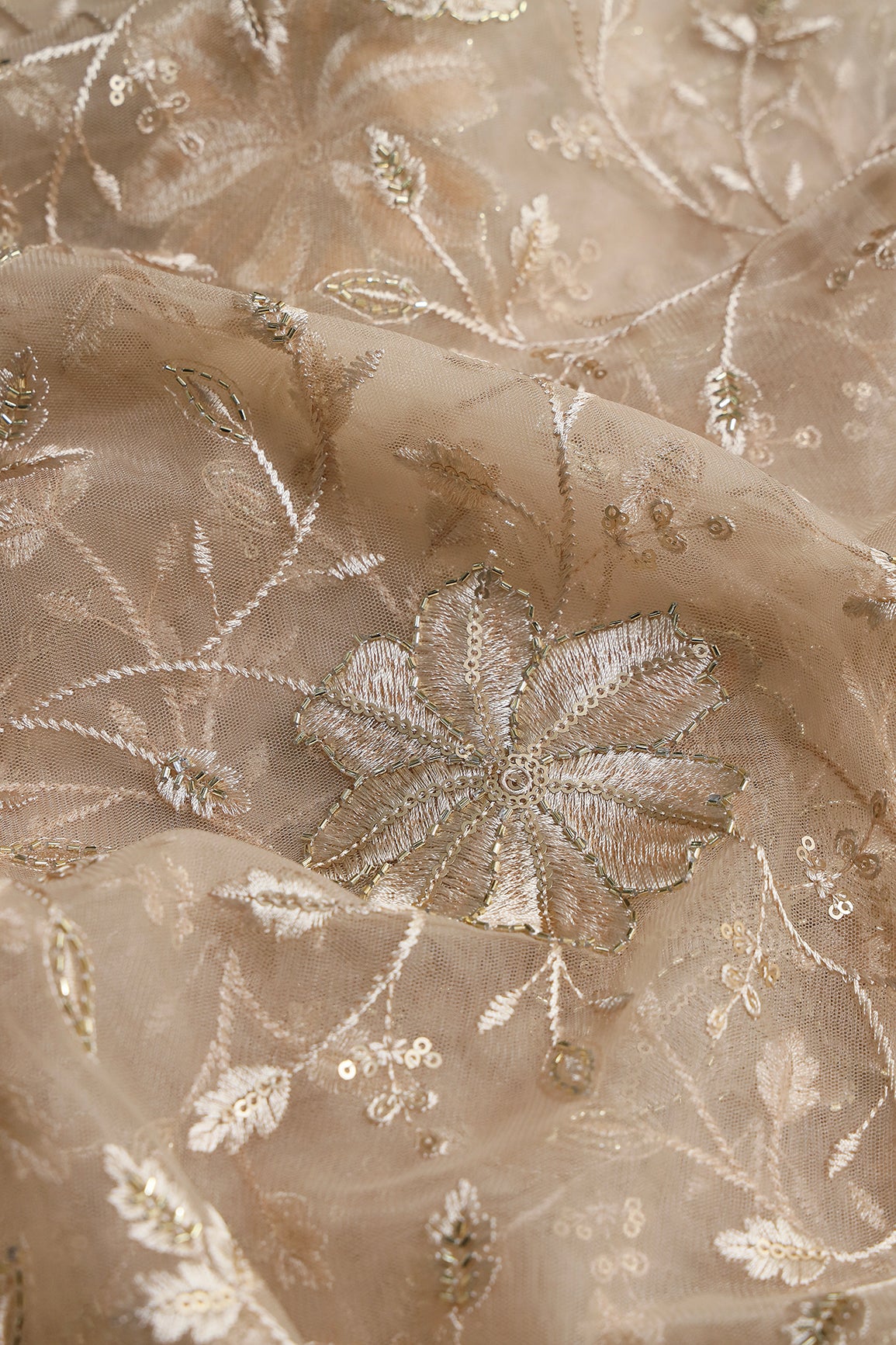 Beige Thread & Beads With Gold Sequins Floral Leafy Embroidery Work On Beige Soft Net Fabric