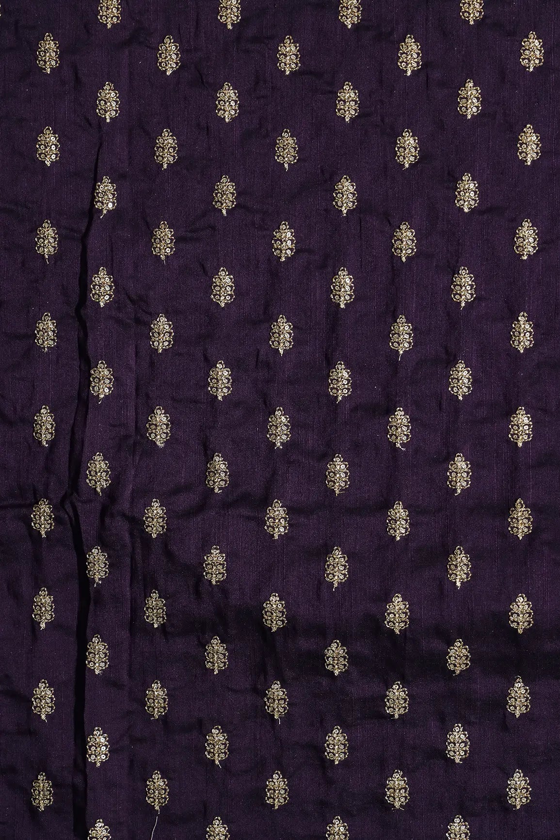 Gold Sequins With Gold Zari Small Motif Embroidery Work On Wine Raw Silk Fabric