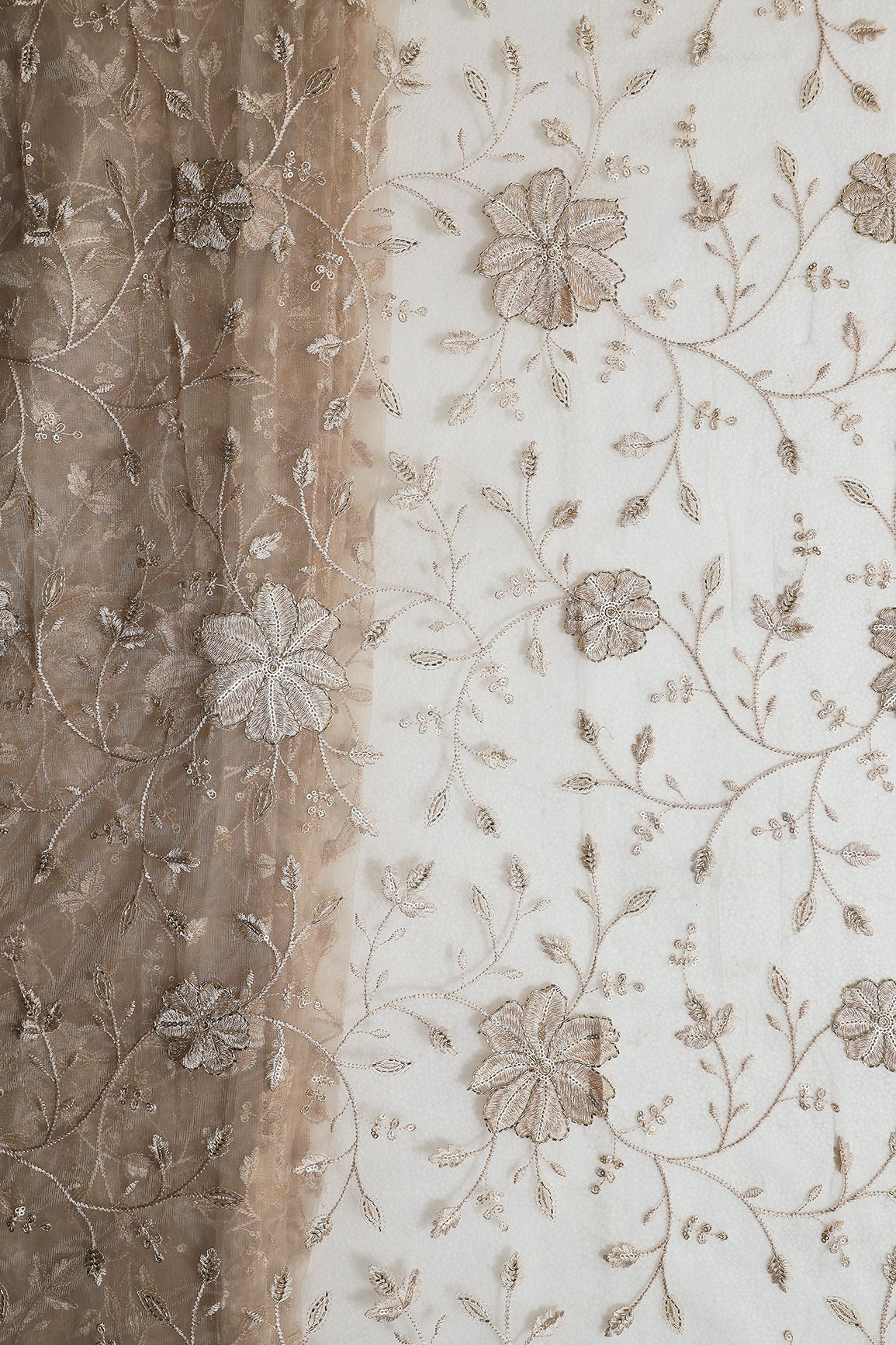 Beige Thread & Beads With Gold Sequins Floral Leafy Embroidery Work On Beige Soft Net Fabric