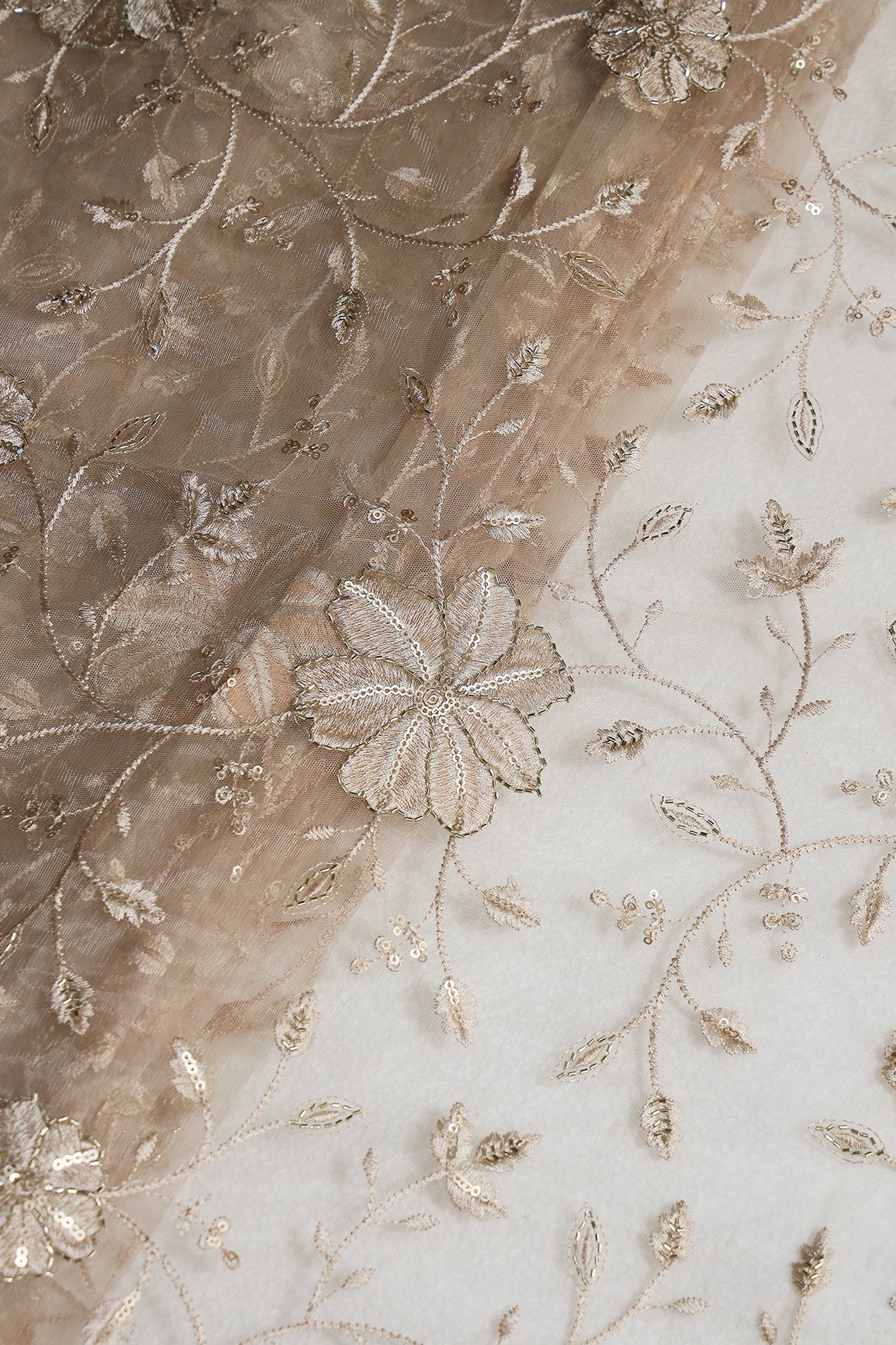 Beige Thread & Beads With Gold Sequins Floral Leafy Embroidery Work On Beige Soft Net Fabric