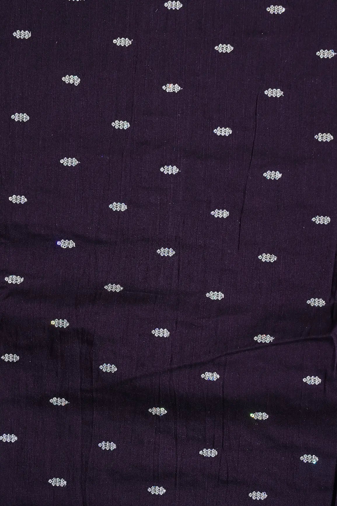 Silver Sequins With Gold Zari Small Motif Embroidery Work On Wine Raw Silk Fabric