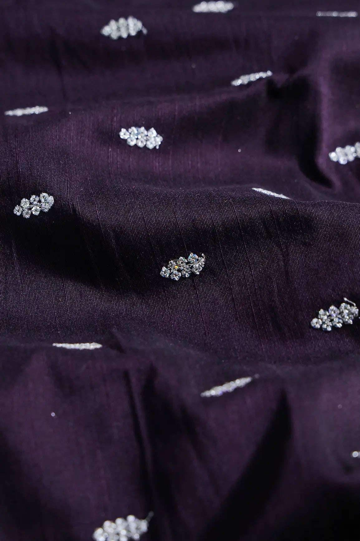 Silver Sequins With Gold Zari Small Motif Embroidery Work On Wine Raw Silk Fabric
