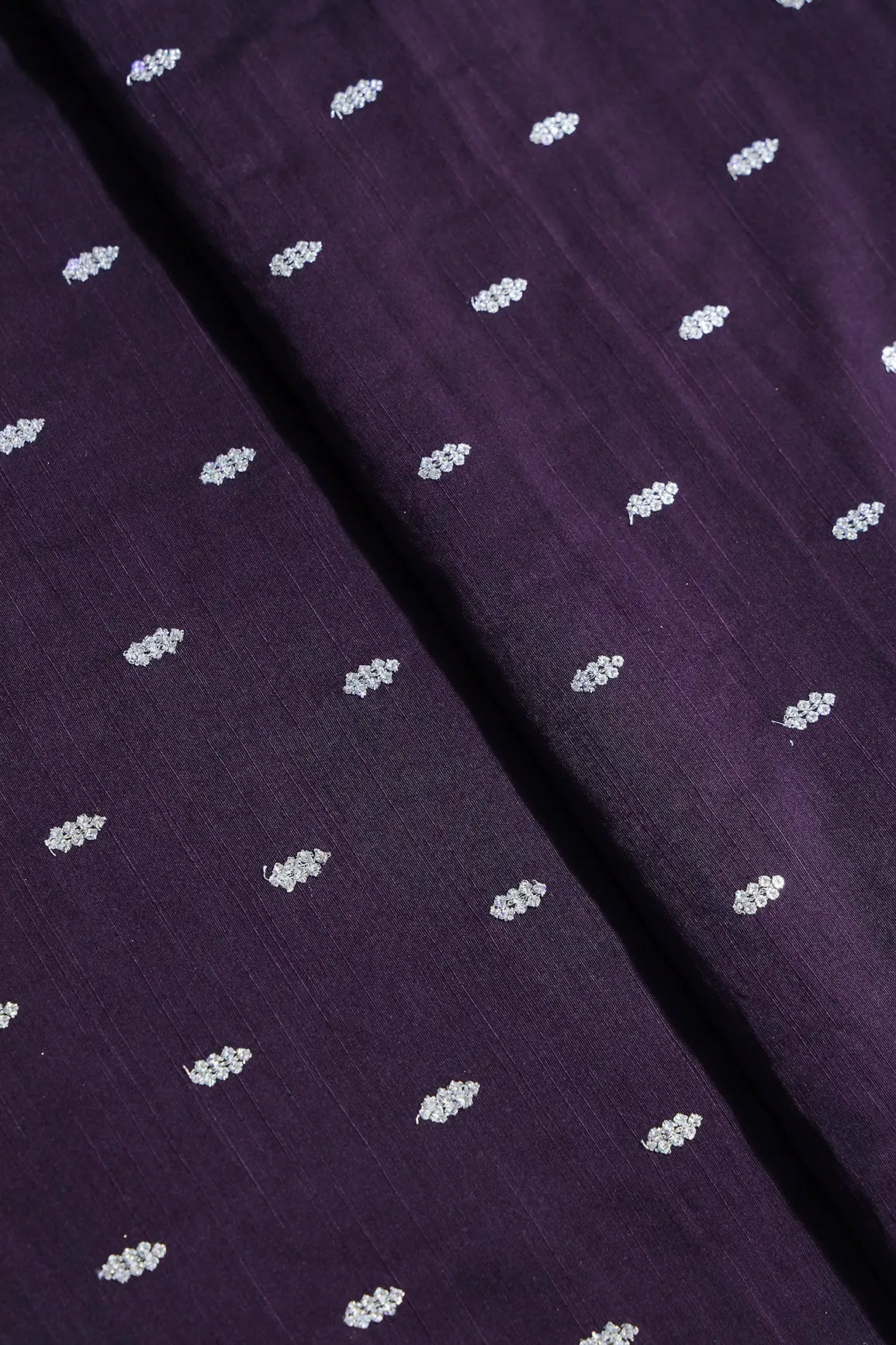 Silver Sequins With Gold Zari Small Motif Embroidery Work On Wine Raw Silk Fabric