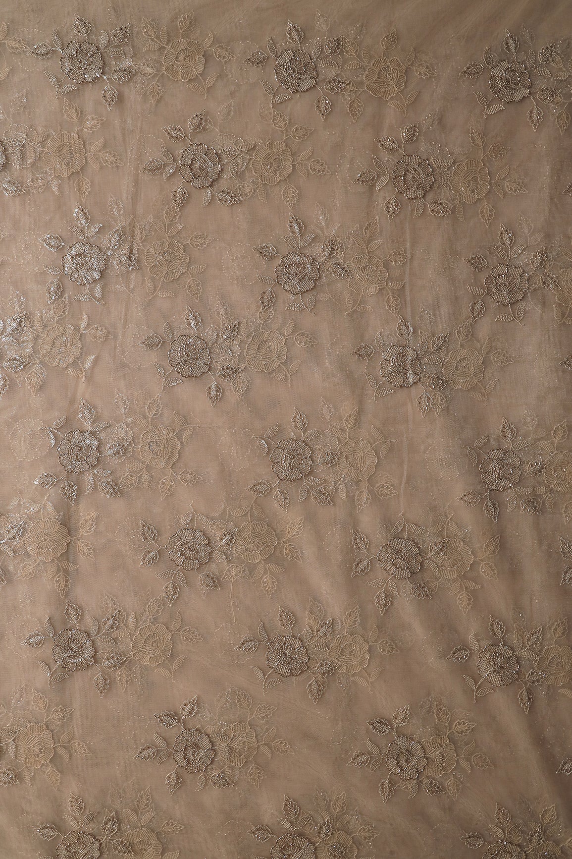 Light Brown Thread & Beads With Water Sequins Floral Embroidery Work On Light Brown Soft Net Fabric