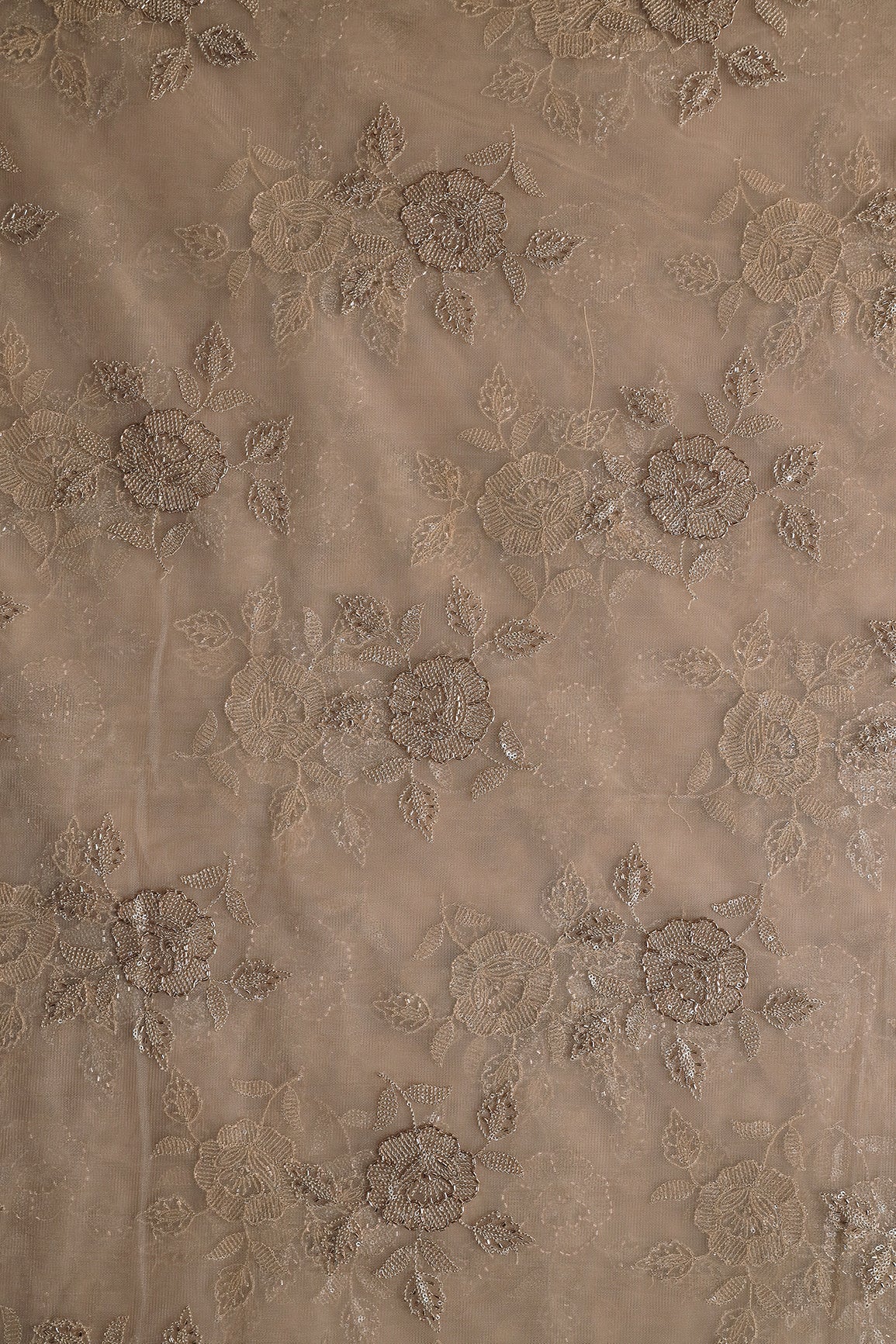 Light Brown Thread & Beads With Water Sequins Floral Embroidery Work On Light Brown Soft Net Fabric