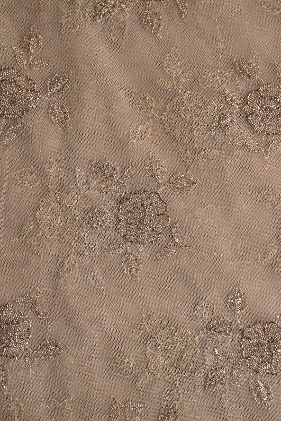 Light Brown Thread & Beads With Water Sequins Floral Embroidery Work On Light Brown Soft Net Fabric