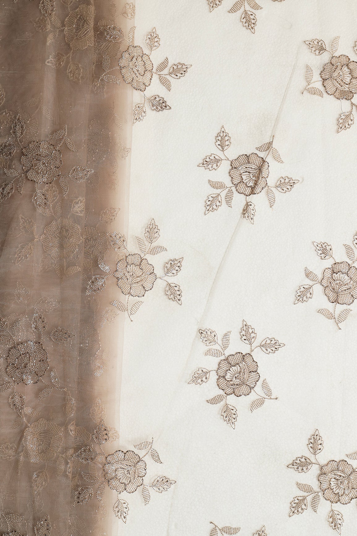 Light Brown Thread & Beads With Water Sequins Floral Embroidery Work On Light Brown Soft Net Fabric