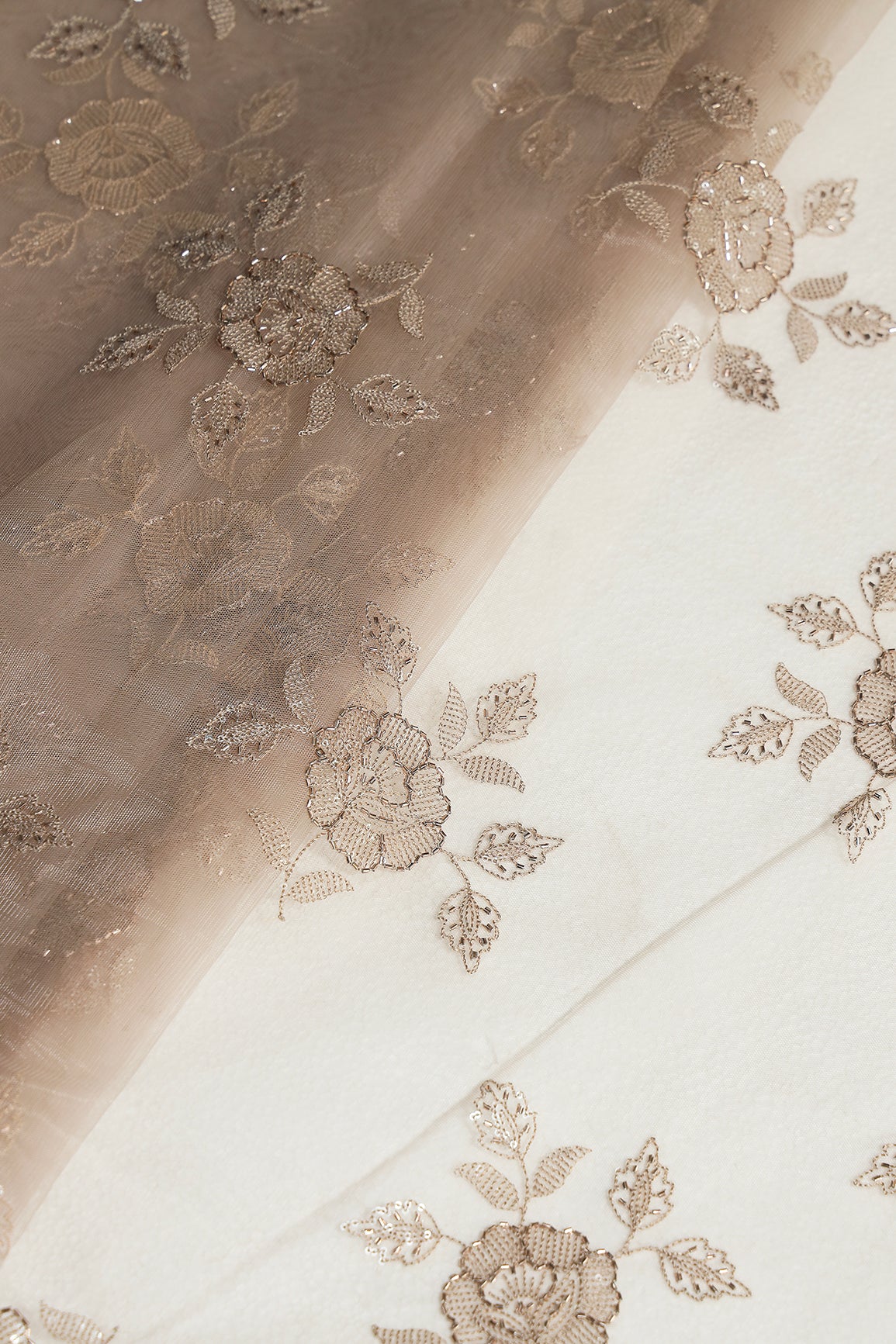 Light Brown Thread & Beads With Water Sequins Floral Embroidery Work On Light Brown Soft Net Fabric