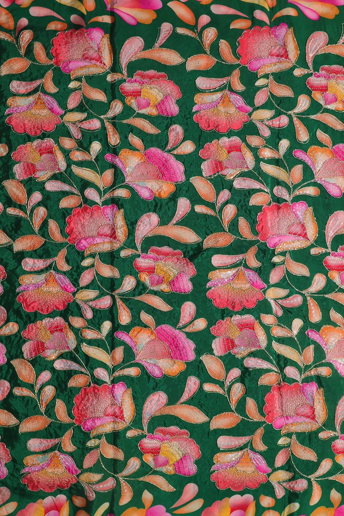Gold Beads With Sequins Floral Positional Embroidery Work On Dark Green Pure Crepe Fabric