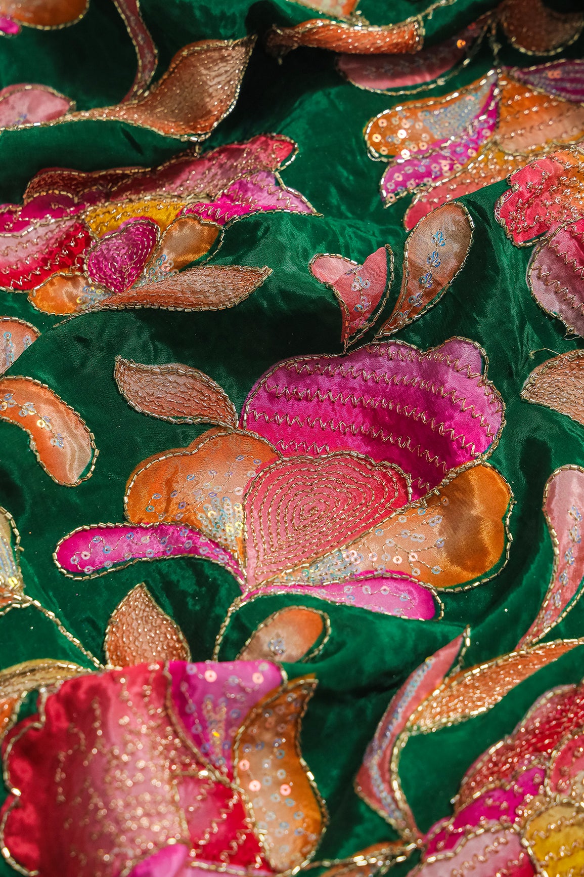Gold Beads With Sequins Floral Positional Embroidery Work On Dark Green Pure Crepe Fabric