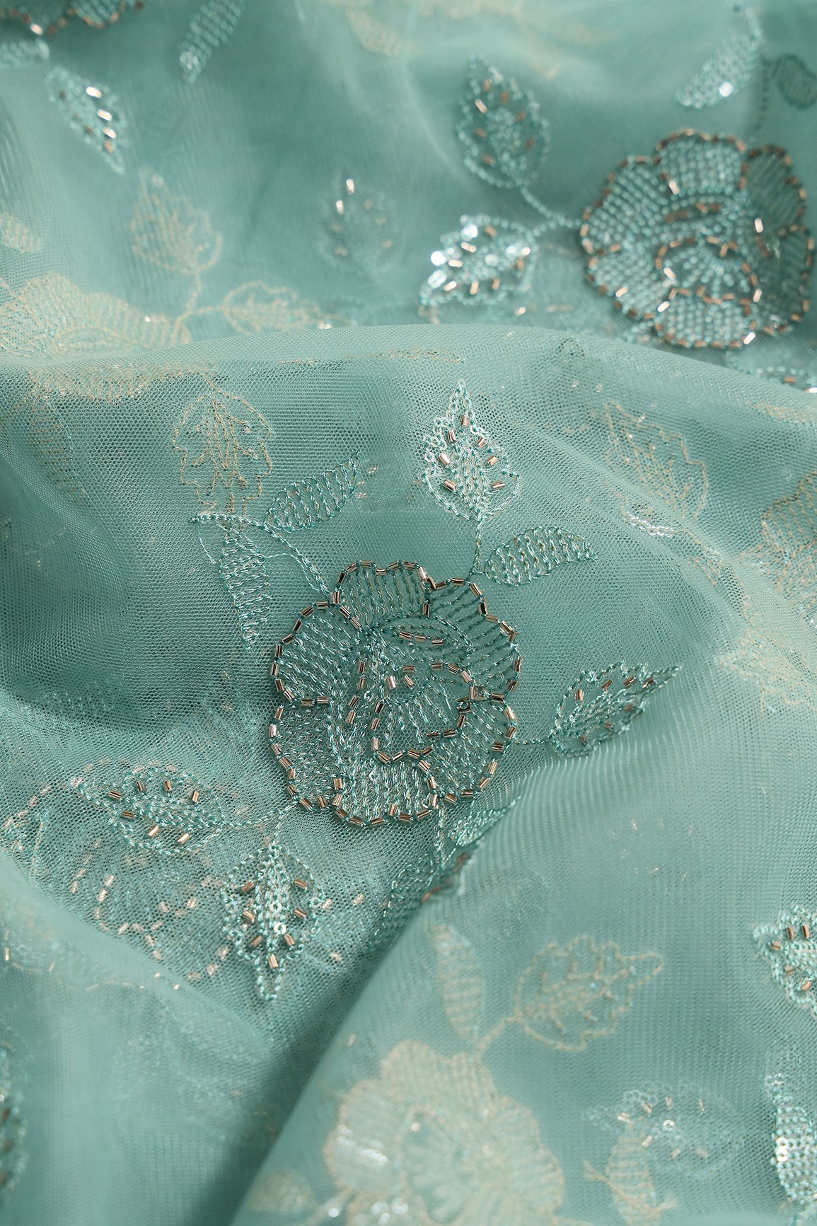 Pastel Blue Thread & Beads With Water Sequins Floral Embroidery Work On Pastel Blue Soft Net Fabric