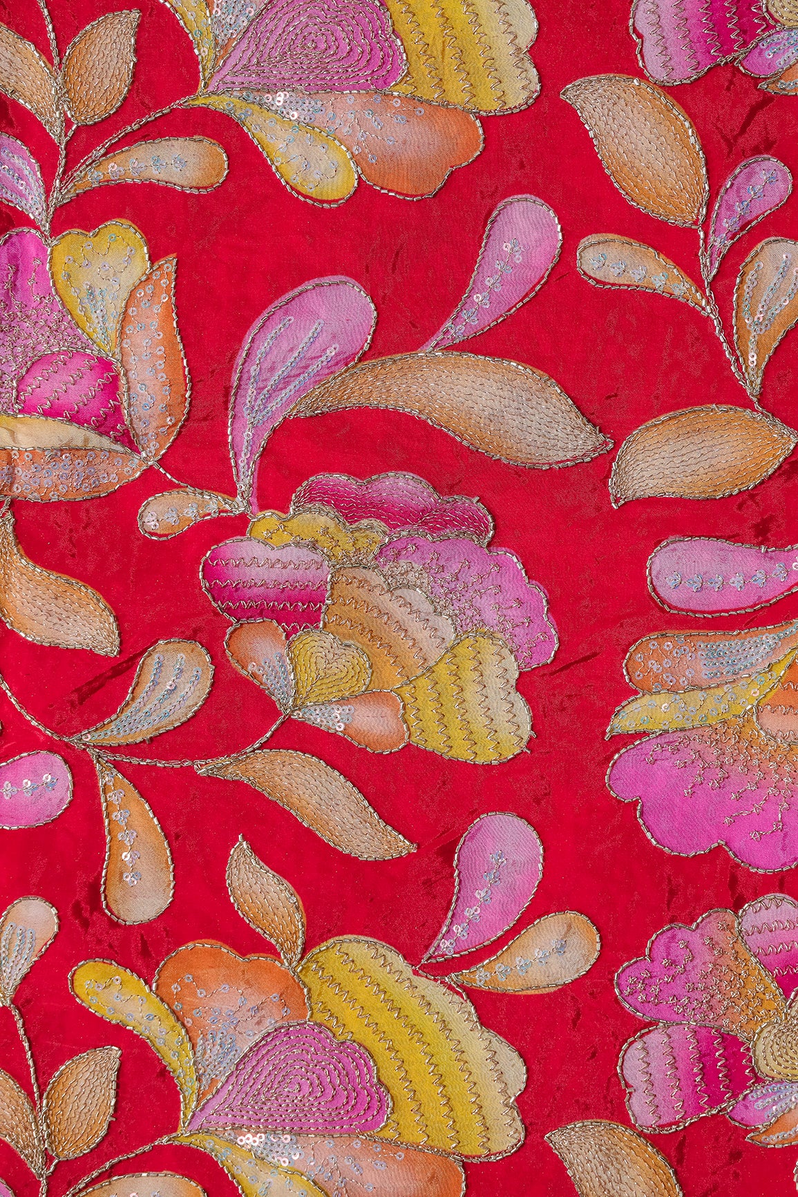 Gold Beads With Sequins Floral Positional Embroidery Work On Red Pure Crepe Fabric