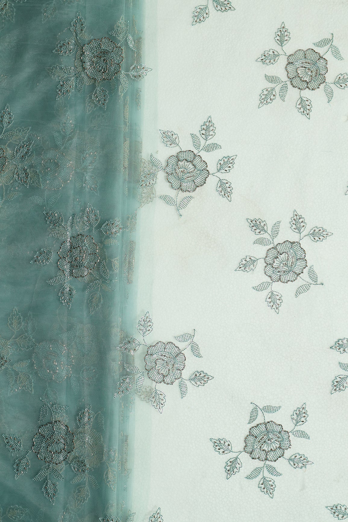 Pastel Blue Thread & Beads With Water Sequins Floral Embroidery Work On Pastel Blue Soft Net Fabric