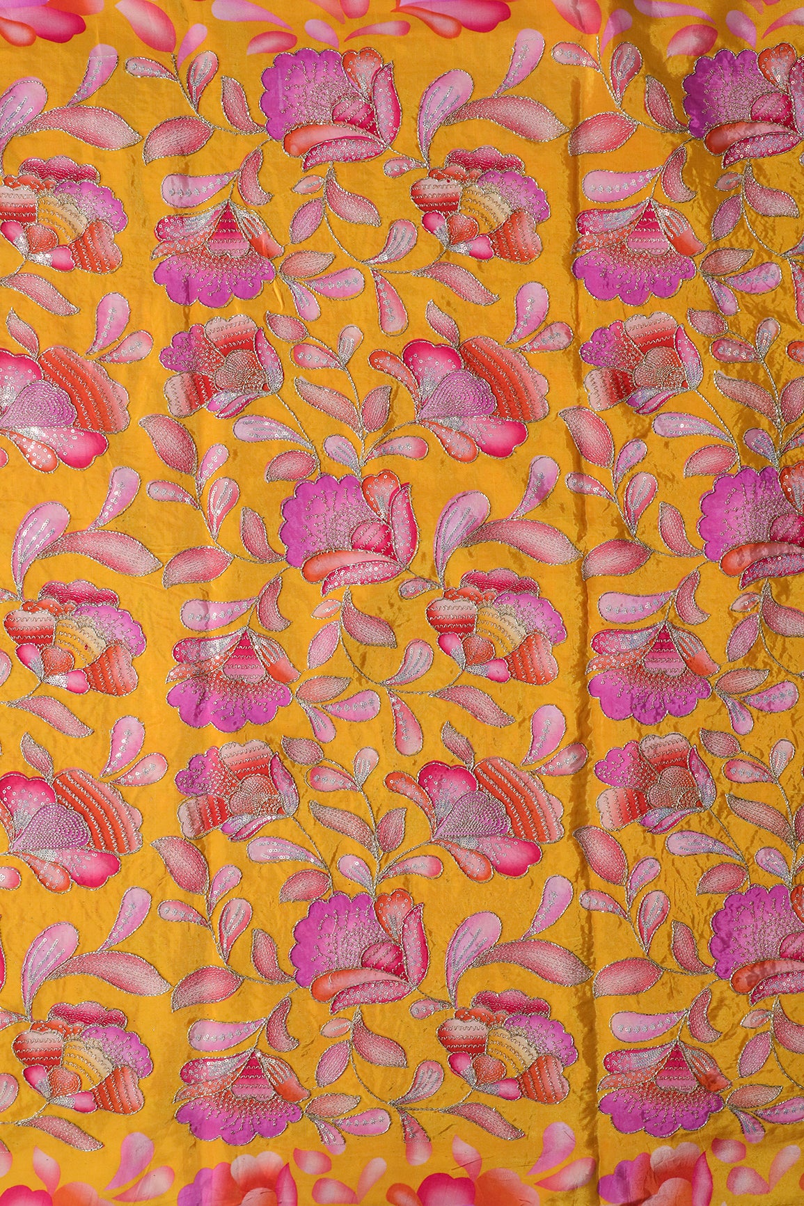 Gold Beads With Sequins Floral Positional Embroidery Work On Yellow Pure Crepe Fabric