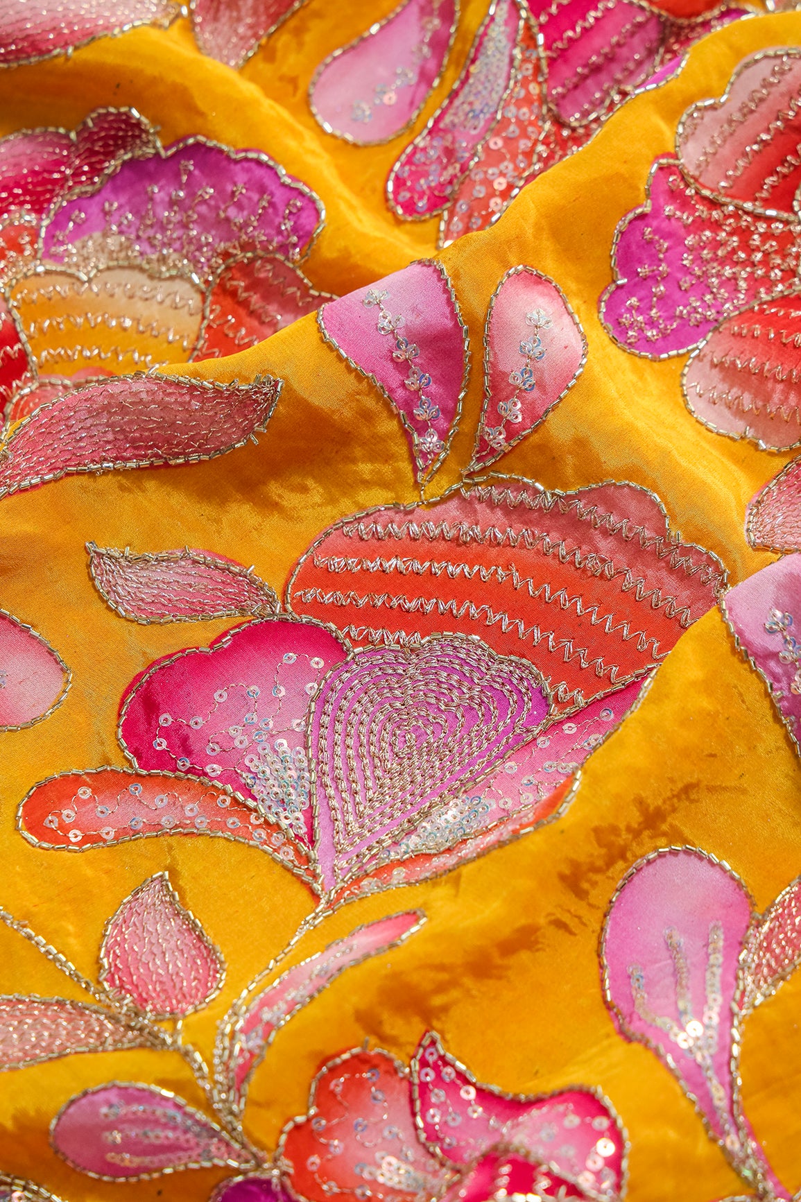 Gold Beads With Sequins Floral Positional Embroidery Work On Yellow Pure Crepe Fabric