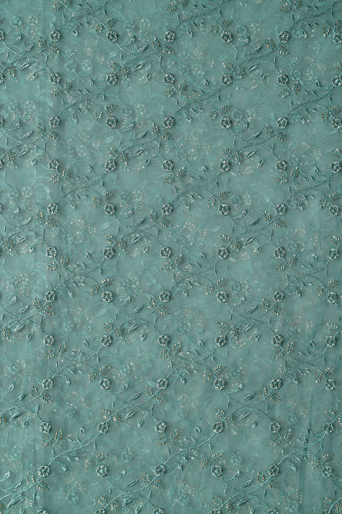 Teal Thread With Beads Floral Leafy Embroidery Work On Teal Soft Net Fabric