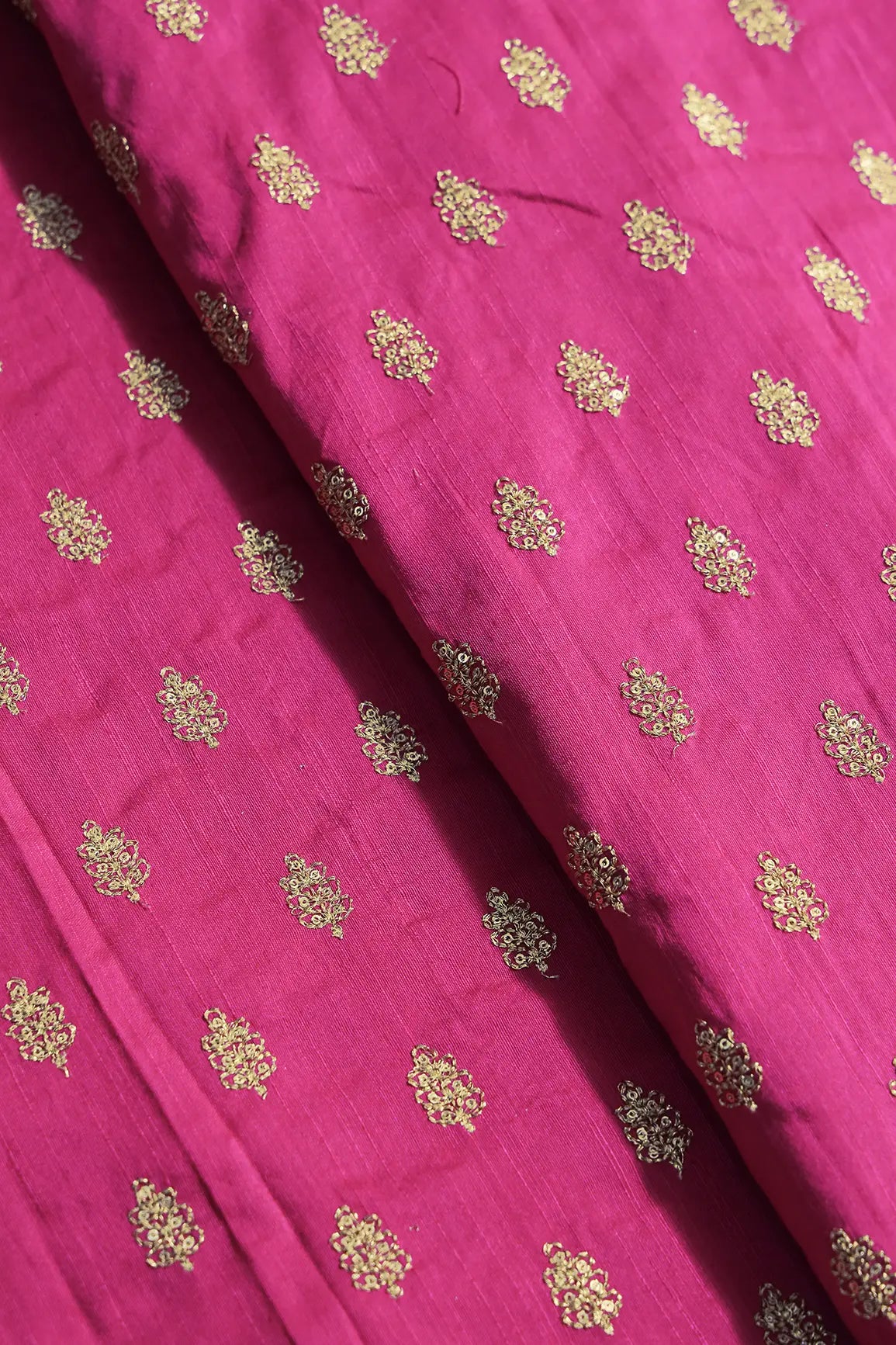 Gold Sequins With Gold Zari Small Motif Embroidery Work On Fuchsia Raw Silk Fabric