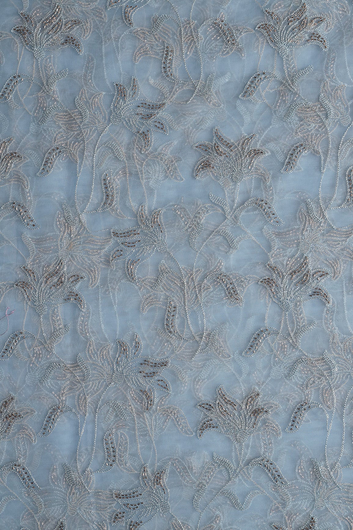 Light Blue Thread & Beads With Water Sequins Floral Leafy Embroidery Work On Light Blue Soft Net Fabric