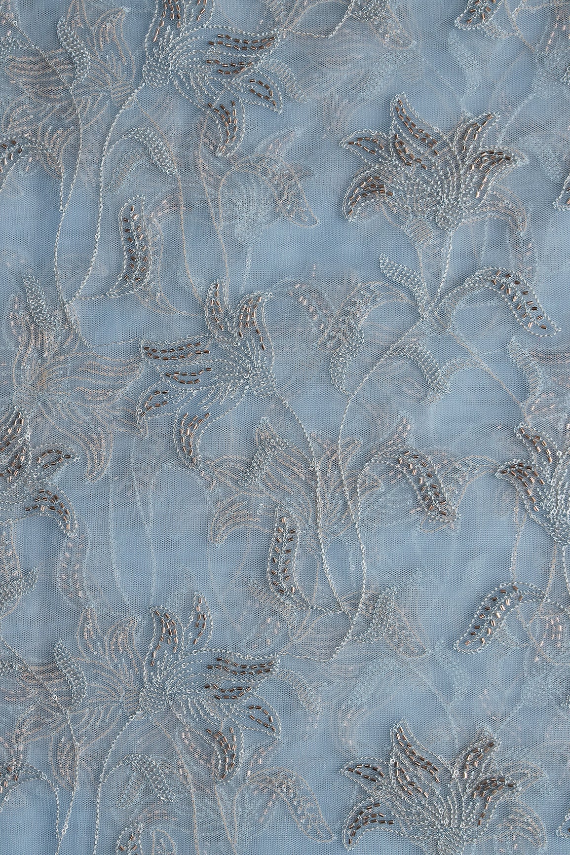 Light Blue Thread & Beads With Water Sequins Floral Leafy Embroidery Work On Light Blue Soft Net Fabric