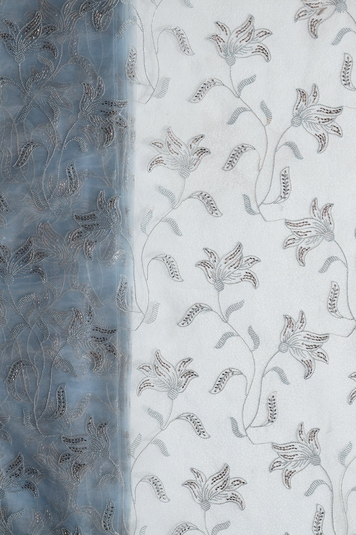 Light Blue Thread & Beads With Water Sequins Floral Leafy Embroidery Work On Light Blue Soft Net Fabric