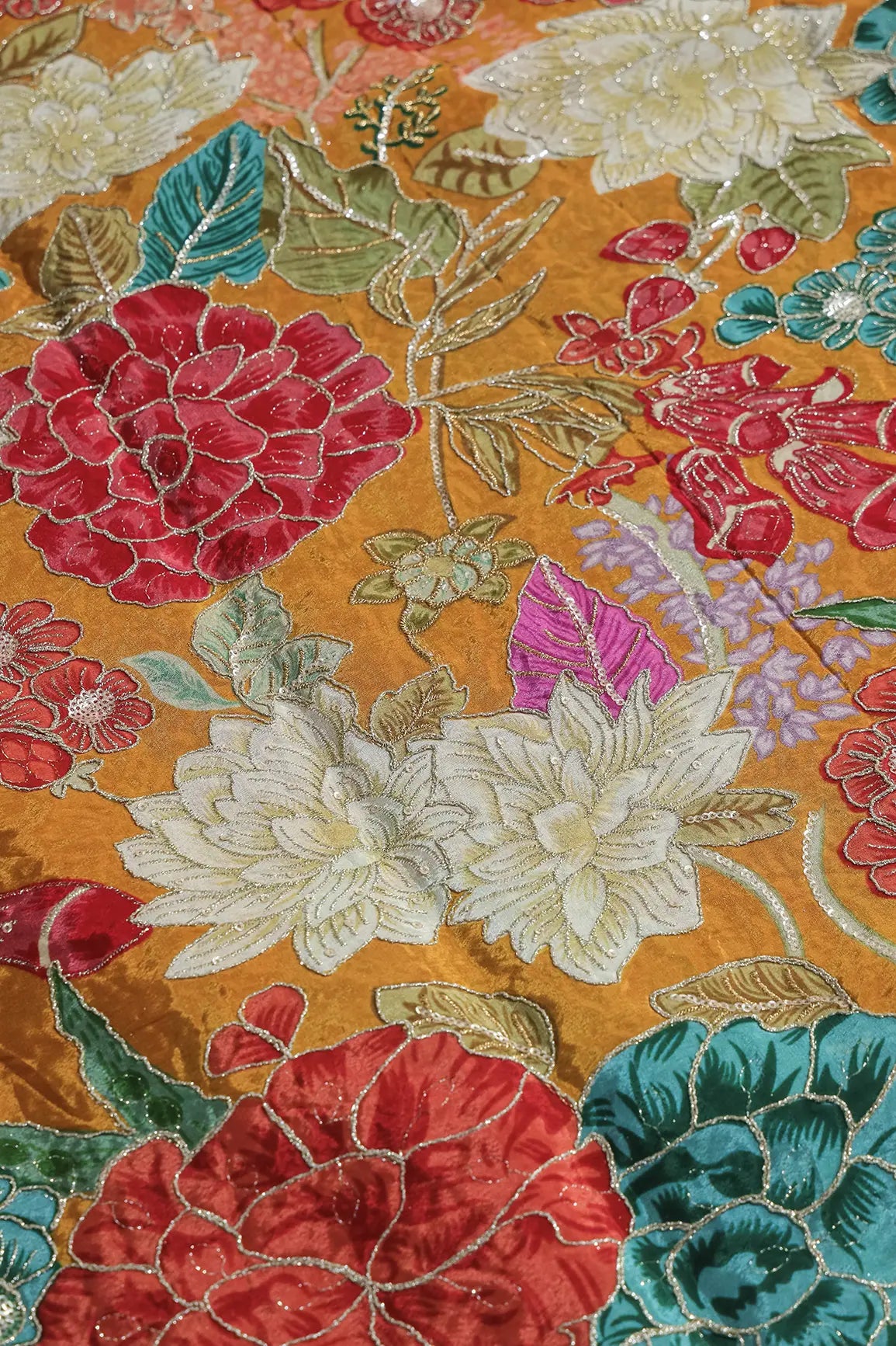 Zari with Sequins Floral Positional Print On Mustard Yellow Pure Crepe Fabric