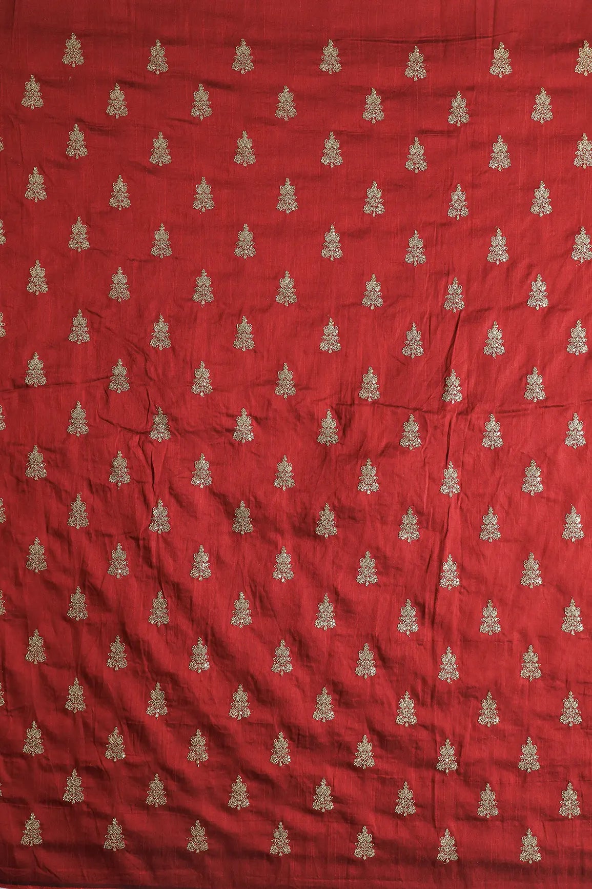 Gold Sequins With Gold Zari Big Motif Embroidery Work On Maroon Raw Silk Fabric