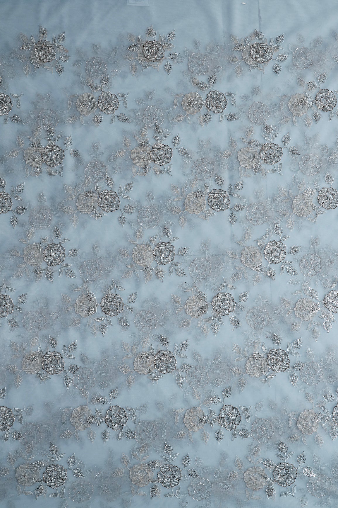 Light Blue Thread & Beads With Water Sequins Floral Embroidery Work On Light Blue Soft Net Fabric