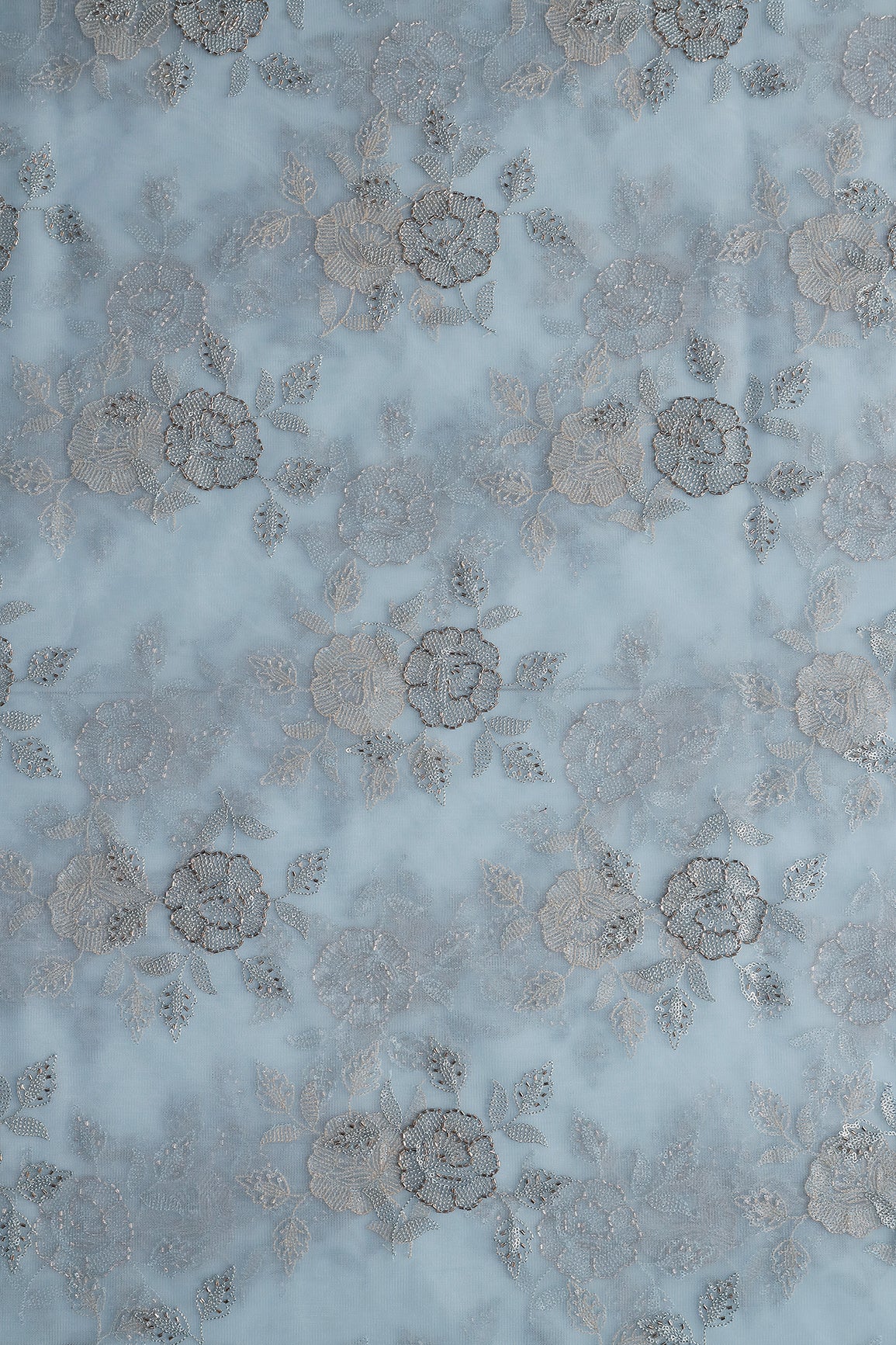 Light Blue Thread & Beads With Water Sequins Floral Embroidery Work On Light Blue Soft Net Fabric