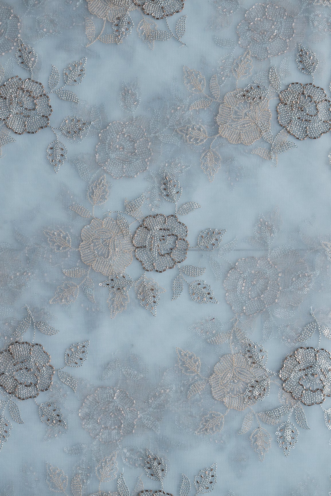 Light Blue Thread & Beads With Water Sequins Floral Embroidery Work On Light Blue Soft Net Fabric