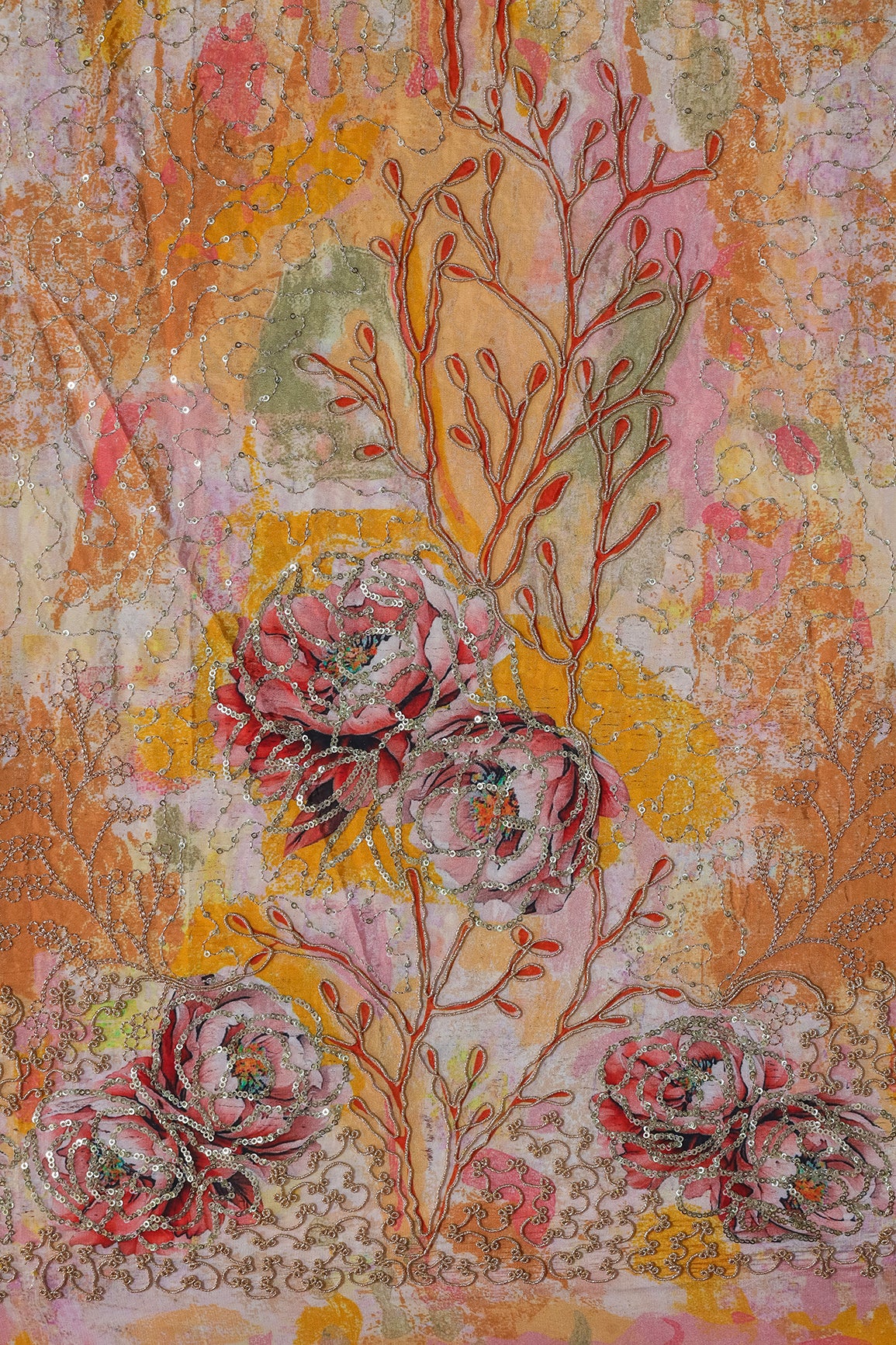 Floral Positional Print On Sequins With Zari Embroidery Work On Yellow Pure Crepe Fabric