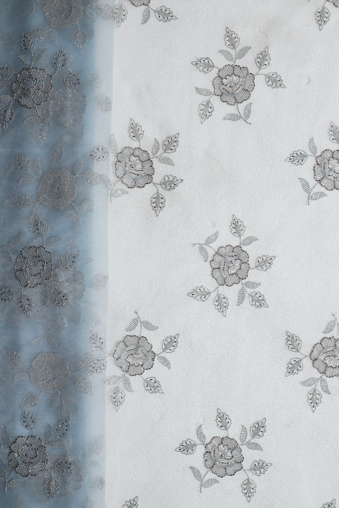 Light Blue Thread & Beads With Water Sequins Floral Embroidery Work On Light Blue Soft Net Fabric