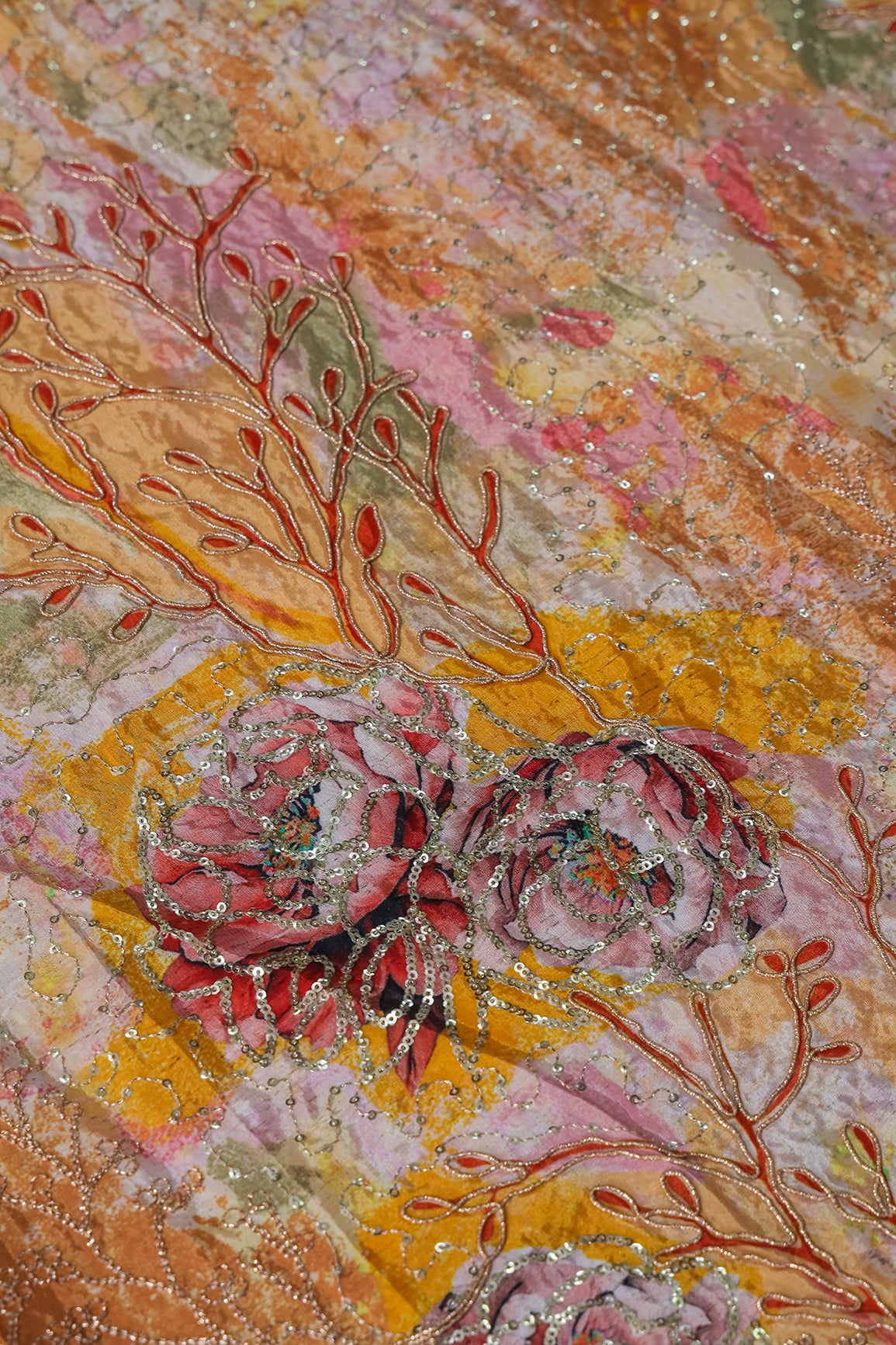 Floral Positional Print On Sequins With Zari Embroidery Work On Yellow Pure Crepe Fabric