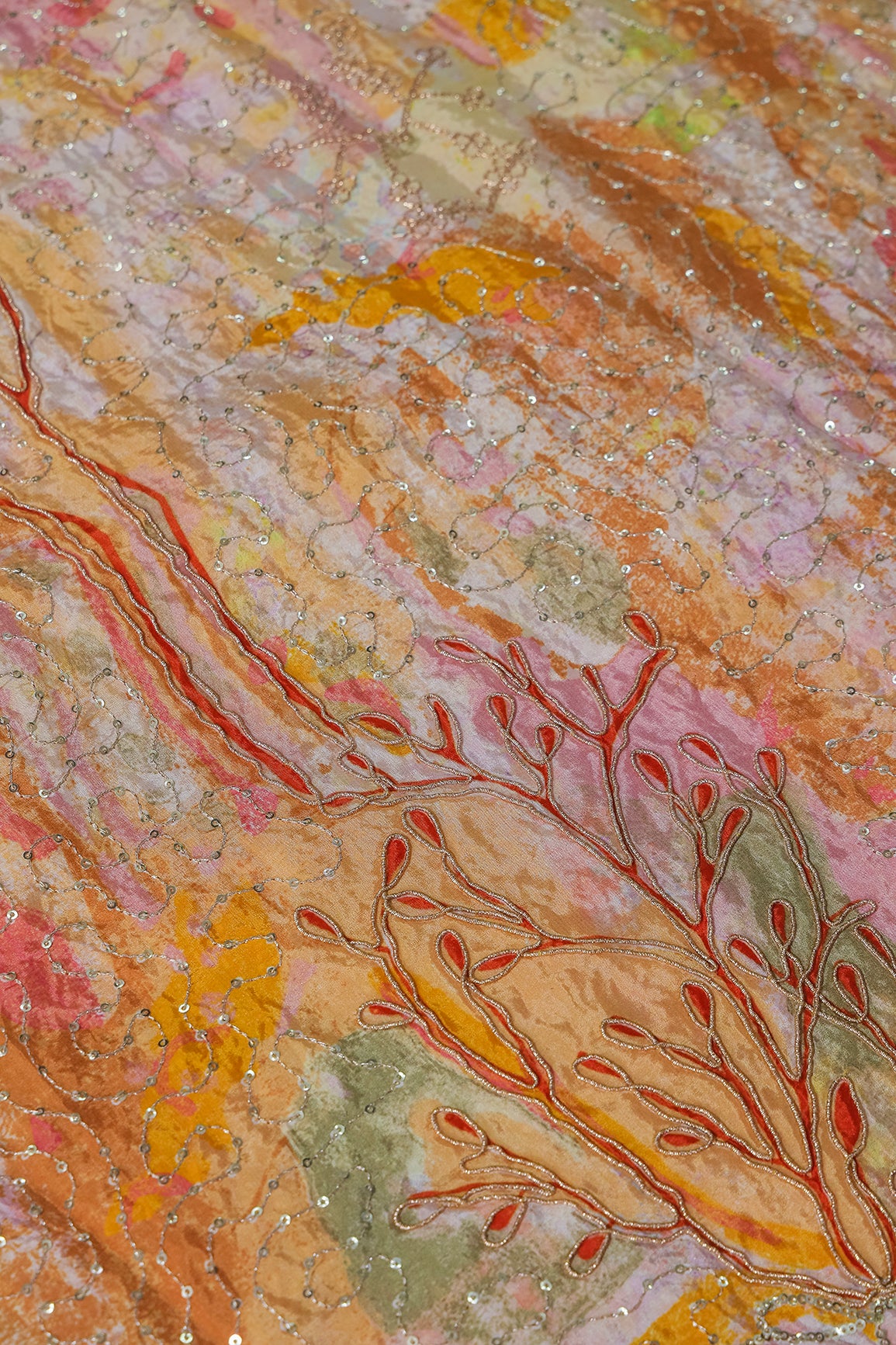 Floral Positional Print On Sequins With Zari Embroidery Work On Yellow Pure Crepe Fabric