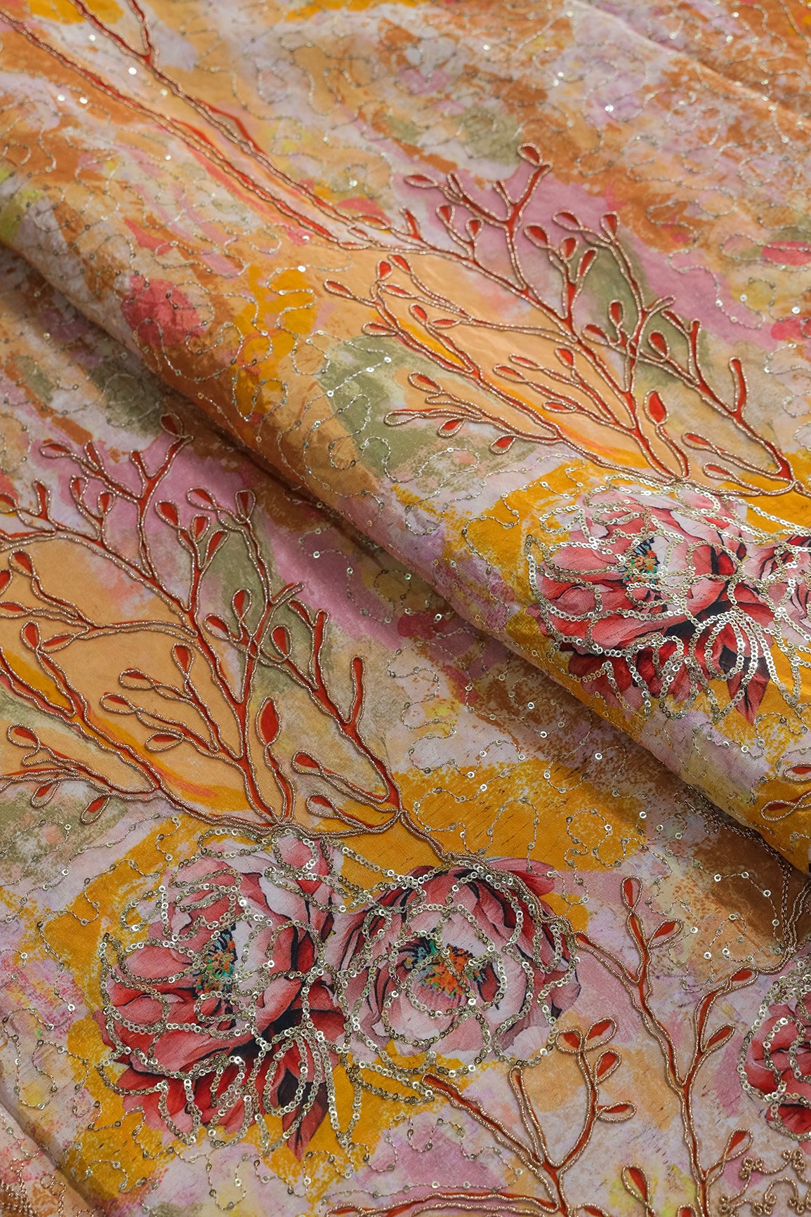 Floral Positional Print On Sequins With Zari Embroidery Work On Yellow Pure Crepe Fabric