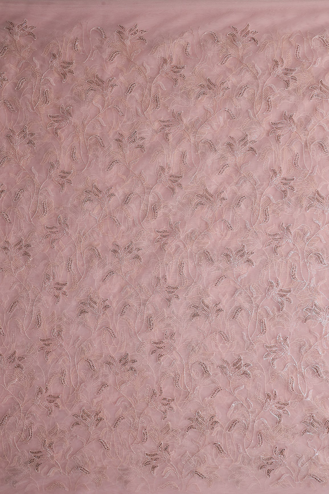Light Pink Thread & Beads With Water Sequins Floral Leafy Embroidery Work On Light Pink Soft Net Fabric