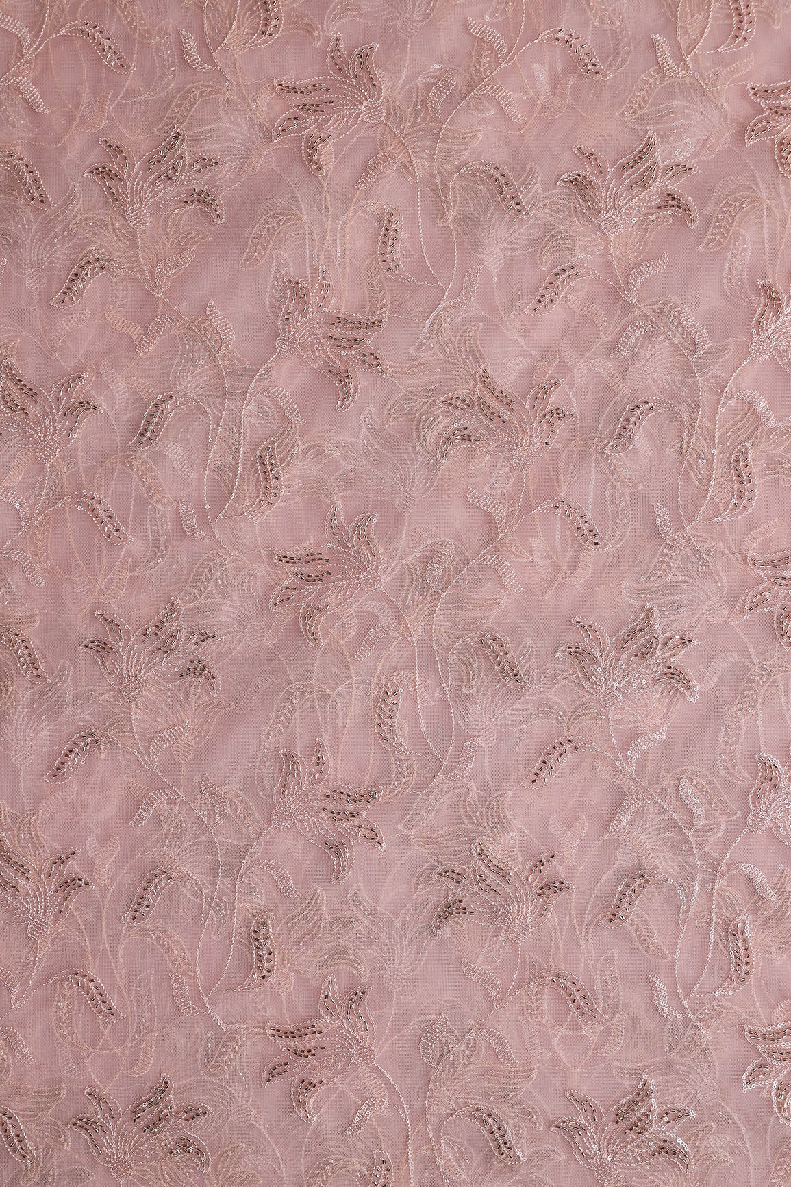 Light Pink Thread & Beads With Water Sequins Floral Leafy Embroidery Work On Light Pink Soft Net Fabric