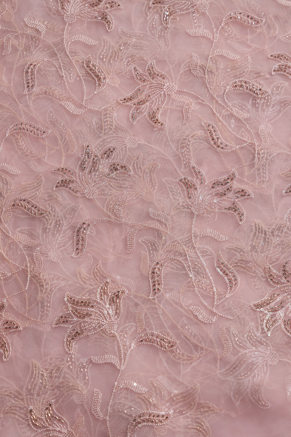 Light Pink Thread & Beads With Water Sequins Floral Leafy Embroidery Work On Light Pink Soft Net Fabric
