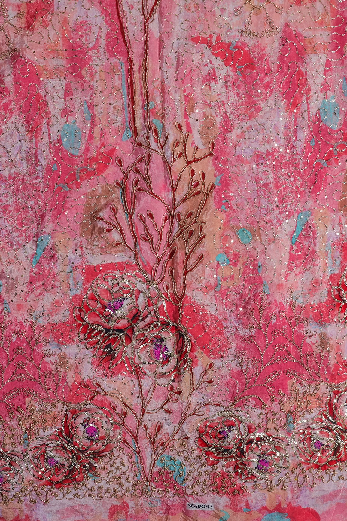Floral Positional Print On Sequins With Zari Embroidery Work On Pink Pure Crepe Fabric