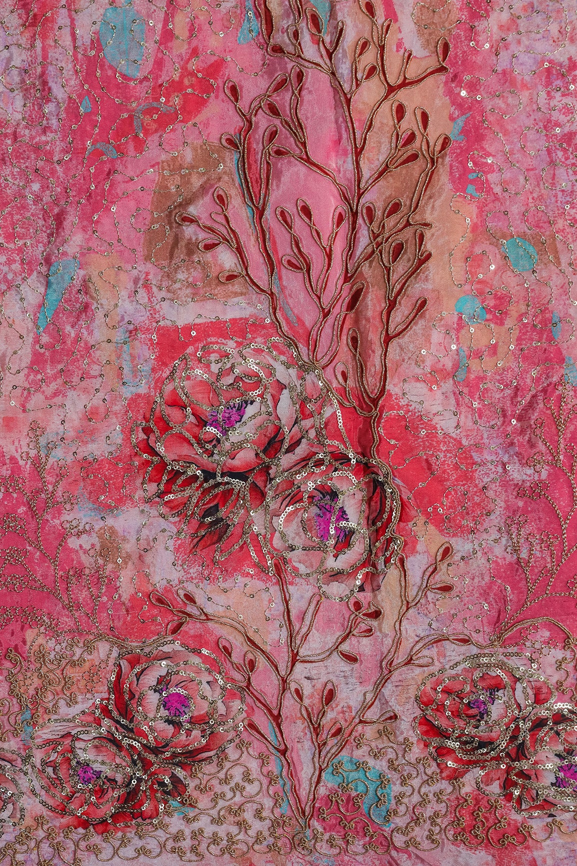 Floral Positional Print On Sequins With Zari Embroidery Work On Pink Pure Crepe Fabric