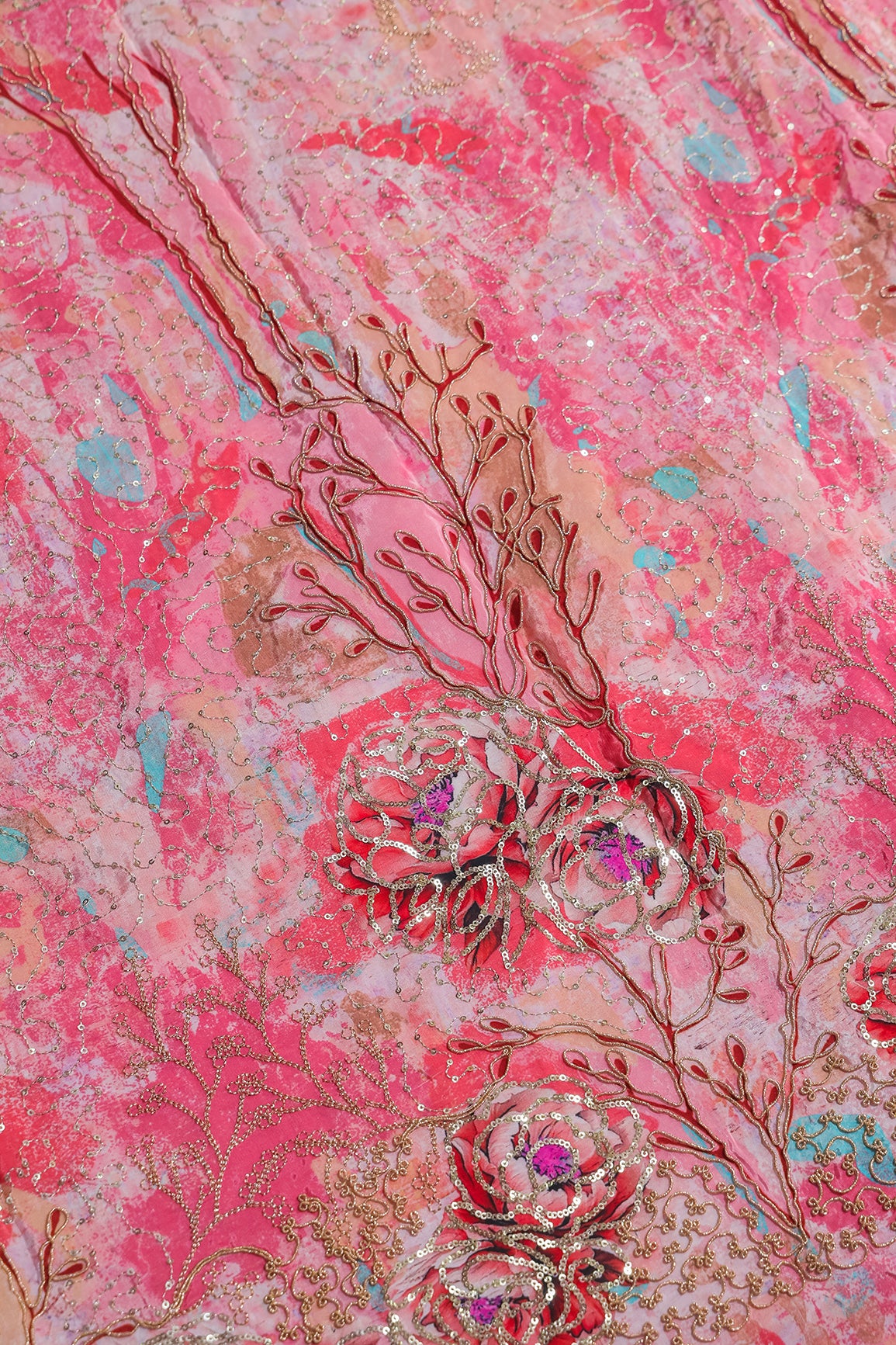 Floral Positional Print On Sequins With Zari Embroidery Work On Pink Pure Crepe Fabric